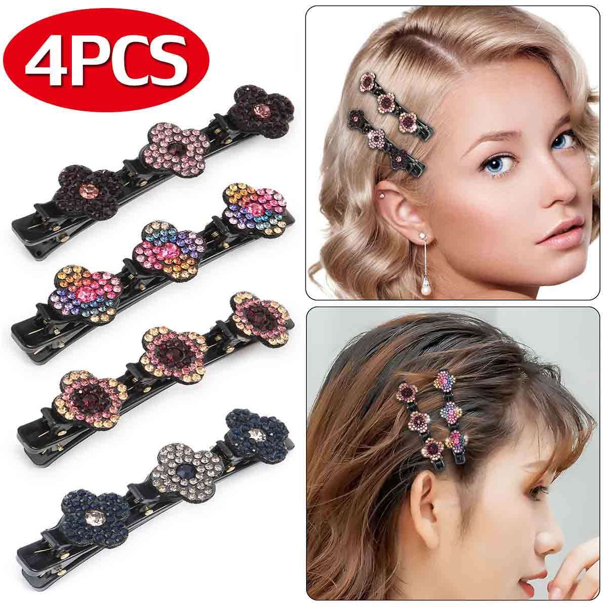 4PCS Sparkling Crystal Stone Double Bangs Satin Fabric Braided Hair Clips Bands
