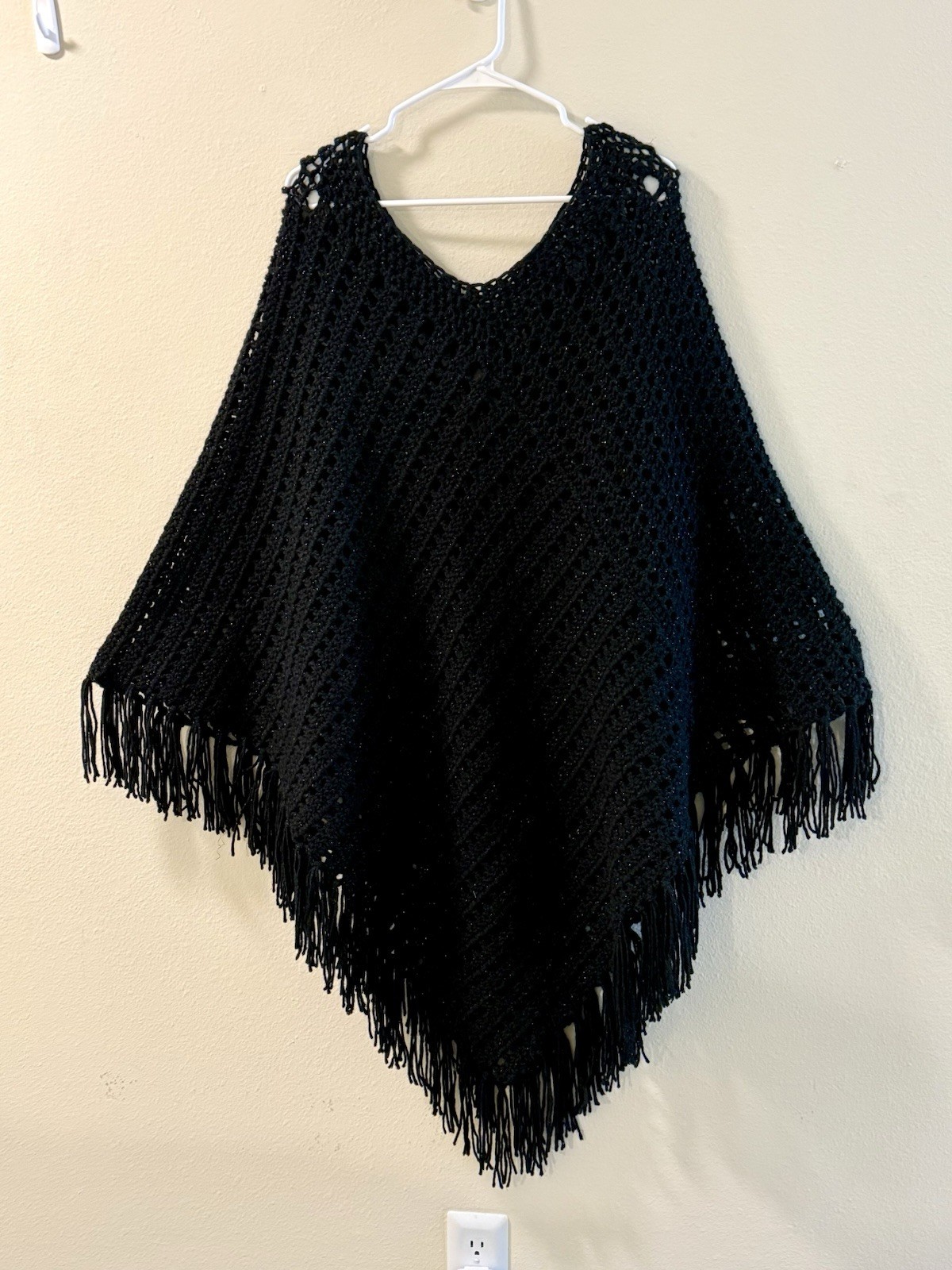 Women’s Sparkly Black Solid Crochet Shawl Wrap Poncho with Fringe Accents