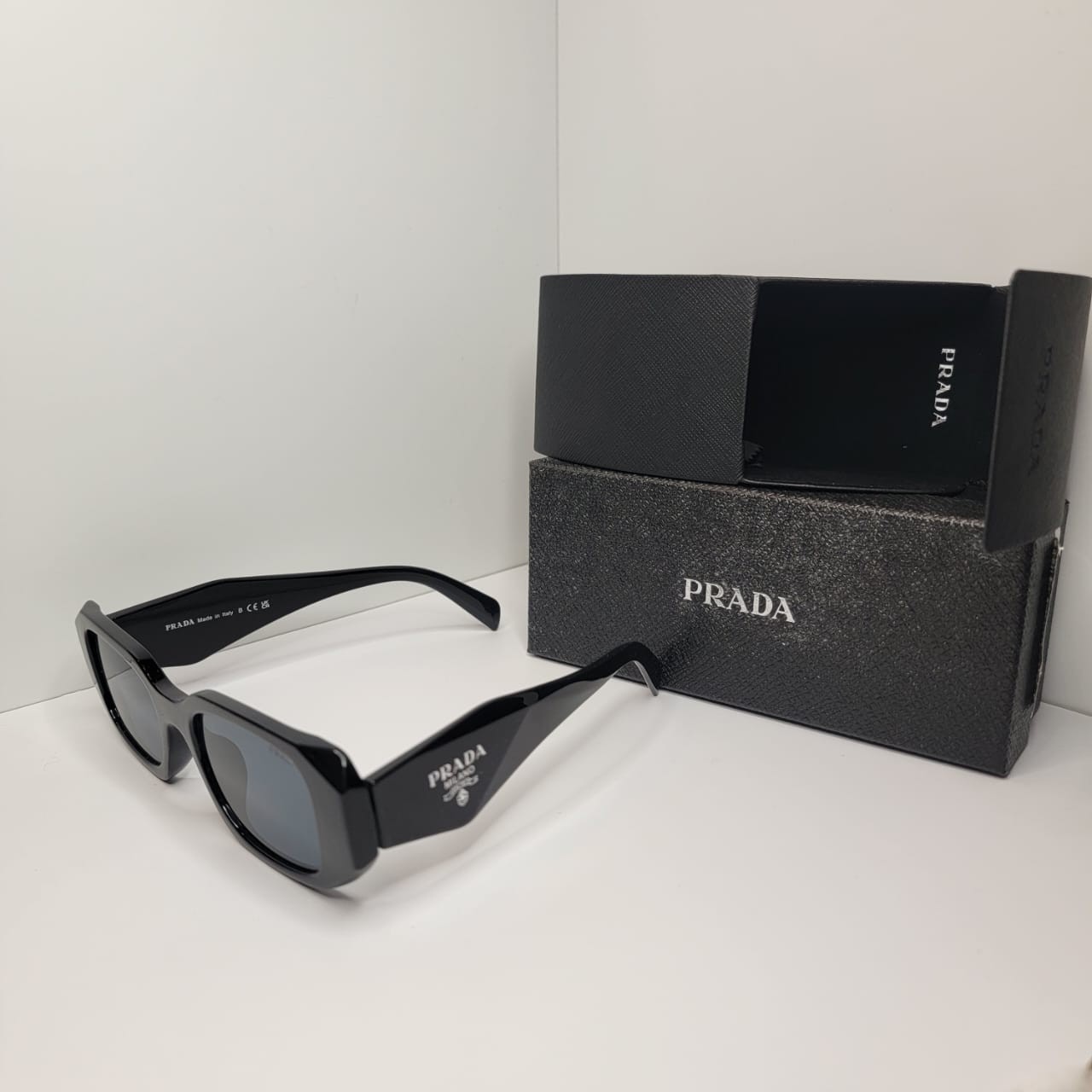 PRADA Milano Women’s Rectangular Chic Sunglasses Black Frame Gray Tinted UV400