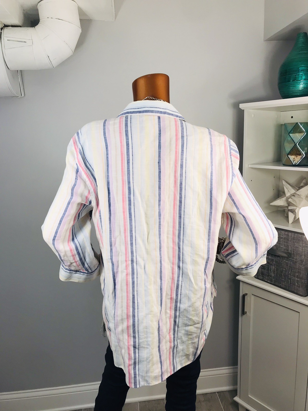 Chico’s 3 or XL Top Striped Soft 100% Linen Button Up Shirt 3/4 Sleeves Low Cut