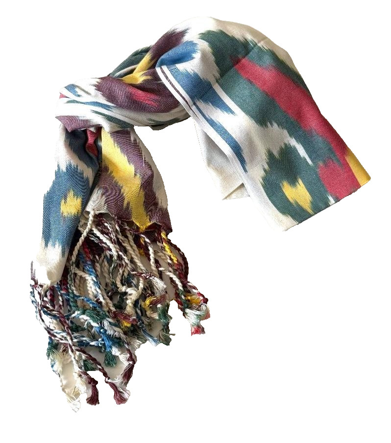 GORGEOUS HAND WOVEN UZBEK IKAT COTTON SCARF – TRIBAL DESIGN – APPROX 19″ x 72″