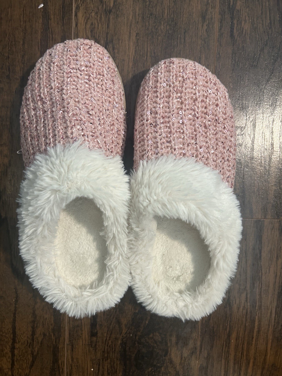 Women’s Pink Knit Slip-On Slippers Faux Fur Lined Round Toe Size 8.5