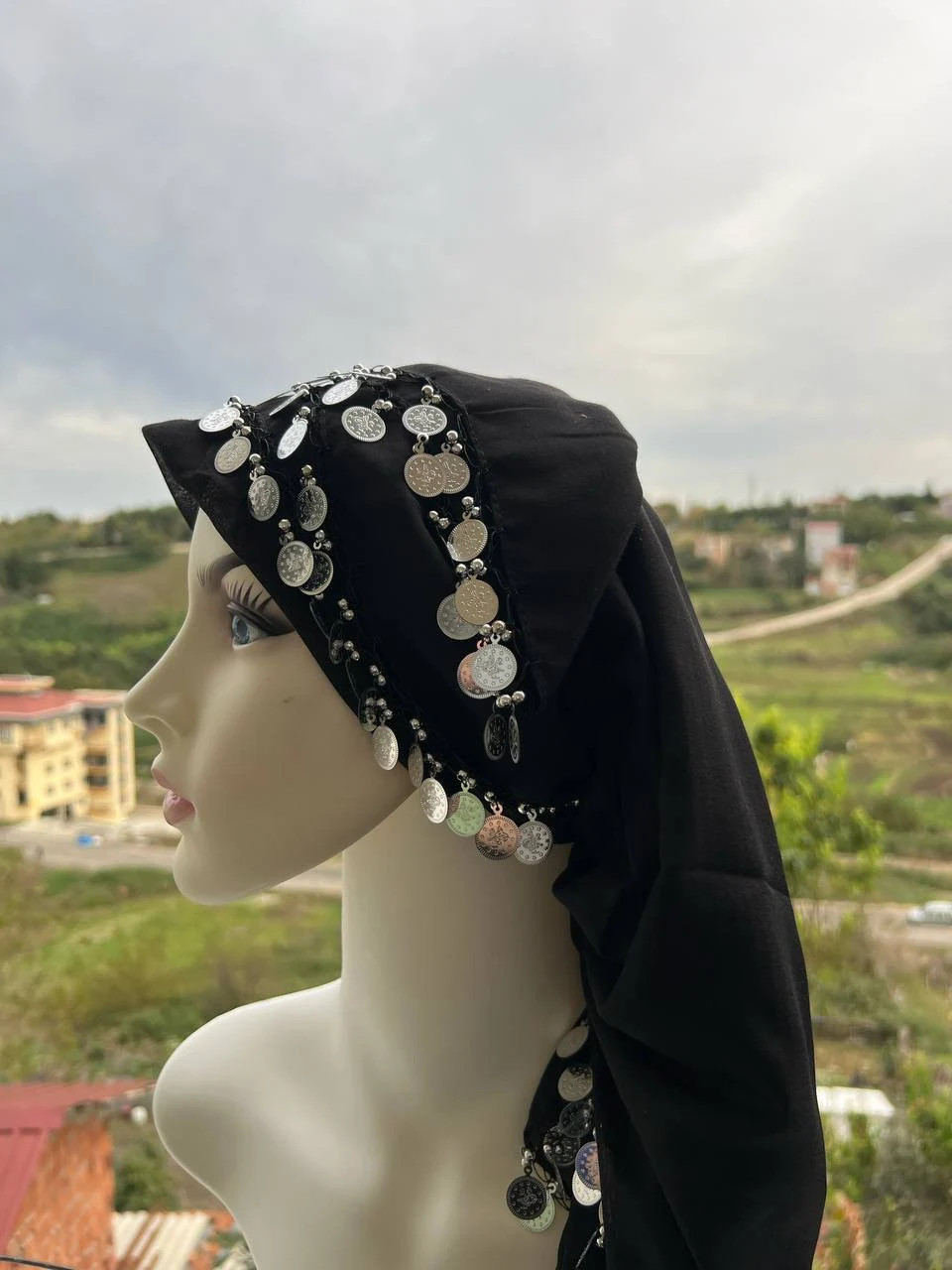 Hand Knitted Black Scarf Crochet Shawl with Silver Charms Handmade Unique