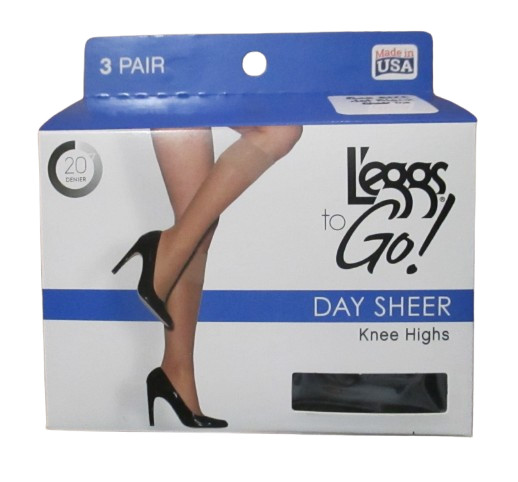 Leggs To Go Day Sheer Knee Highs Pantyhose Sheer Toe 20 Denier 3 Pair Jet Black