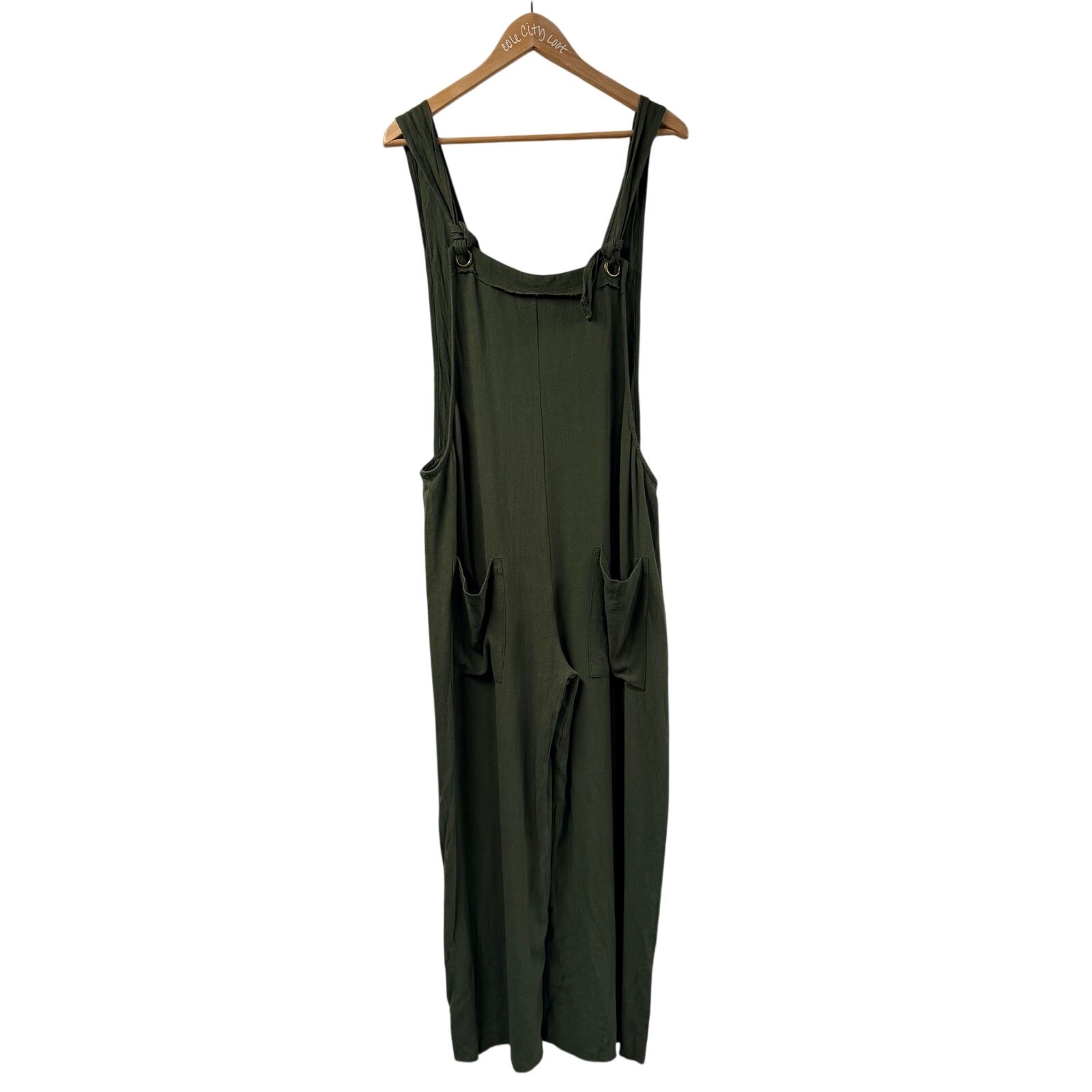 Natural Life Carly Jumpsuit Green Large Frayed Wide Leg Hem Linen Blend