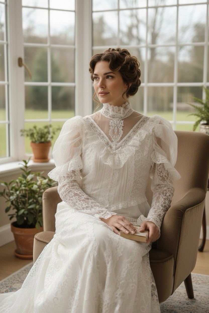 Vintage 1970s Victorian Prairie Style Lace Wedding Dress 6-8 Excellent Condition