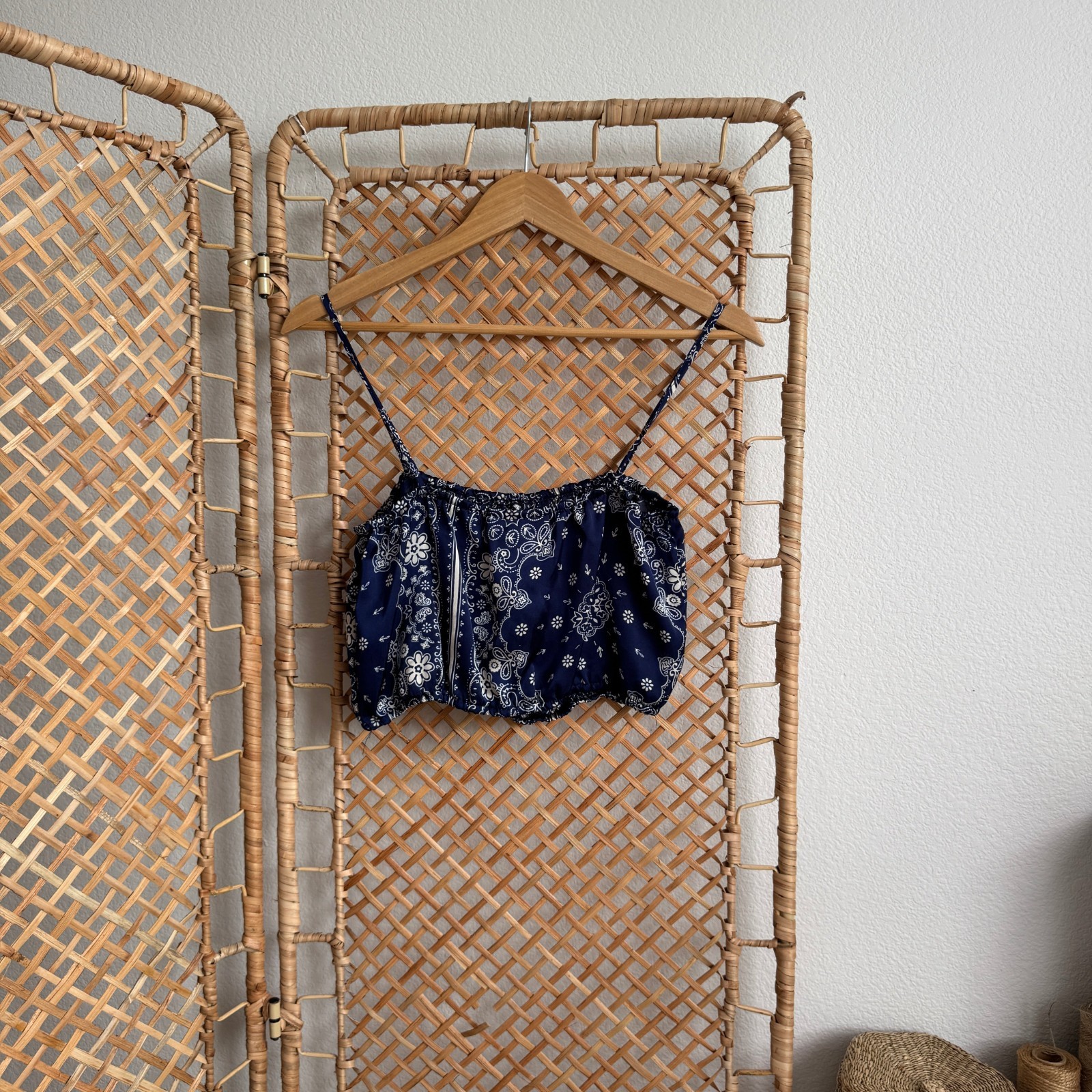 Janet Chung Bandana Paisley Print Satin Ruffle Hem Cami Crop Top Navy Blue