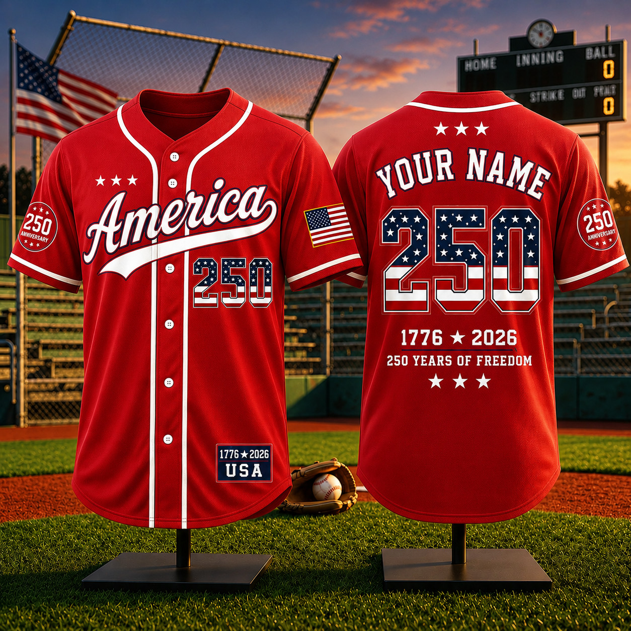 America 250 Baseball Jersey 250 Years Of Freedom 1776-2026 Patriotic USA Jersey