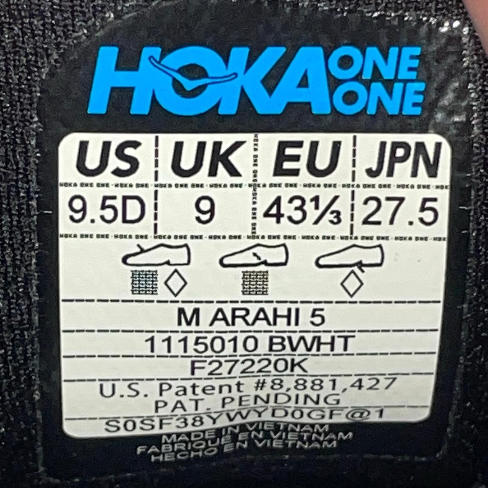 Hoka One One Mens Arahi 5 1115010 BWHT Black Running Shoes Sneakers Size 9.5D