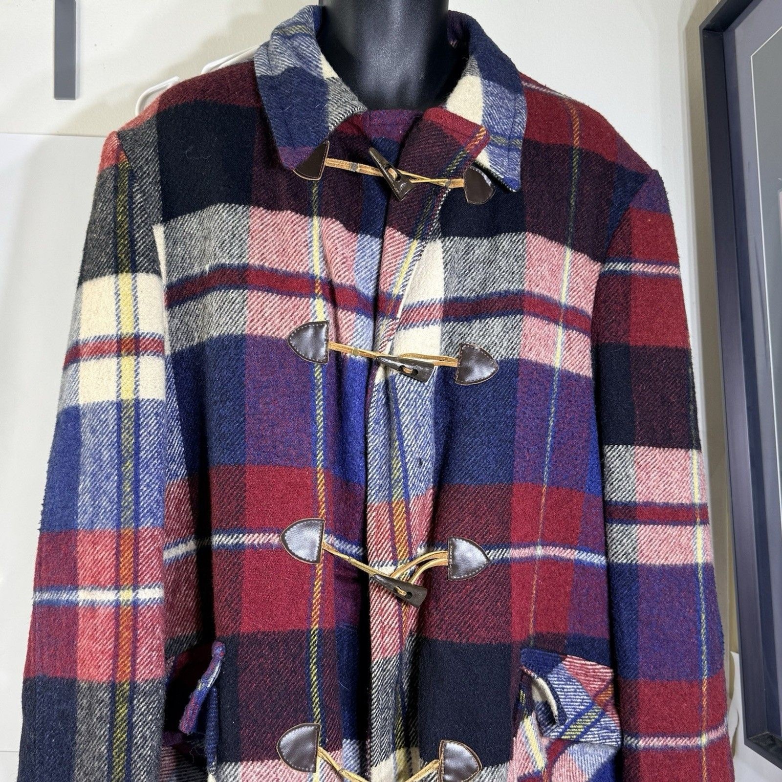 Vintage 50s 60s Grais Plaid Flannel Coat Jacket Toggle Mod Atomic Hippy Mens