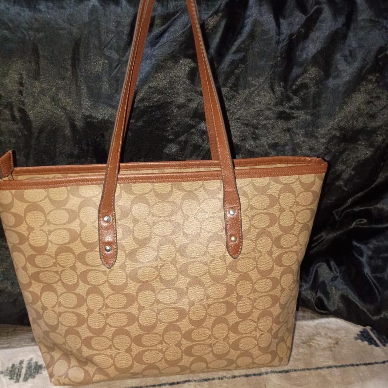 Coach Signature Monogram Tote Zip Top Leather Straps Large Pockets Charm