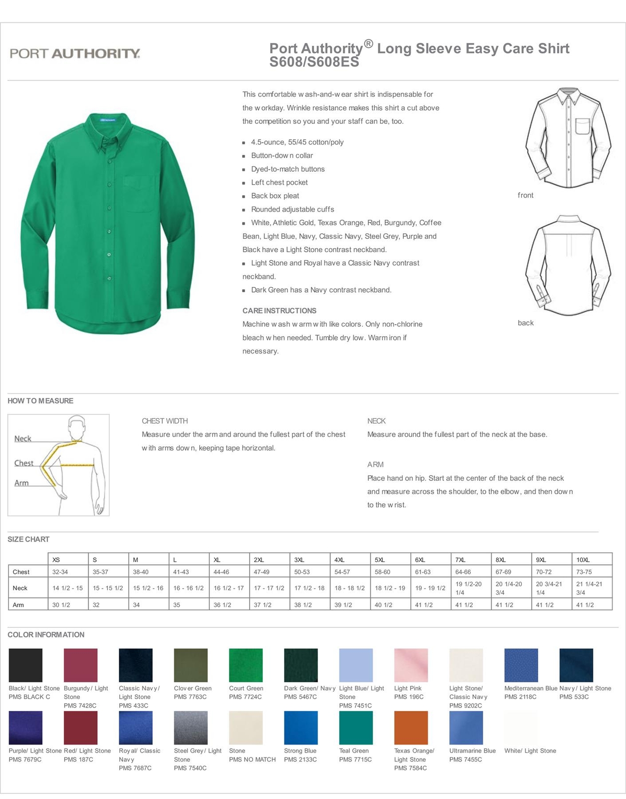 Port Authority Long Sleeve Button Down collar Easy Care Shirt S608
