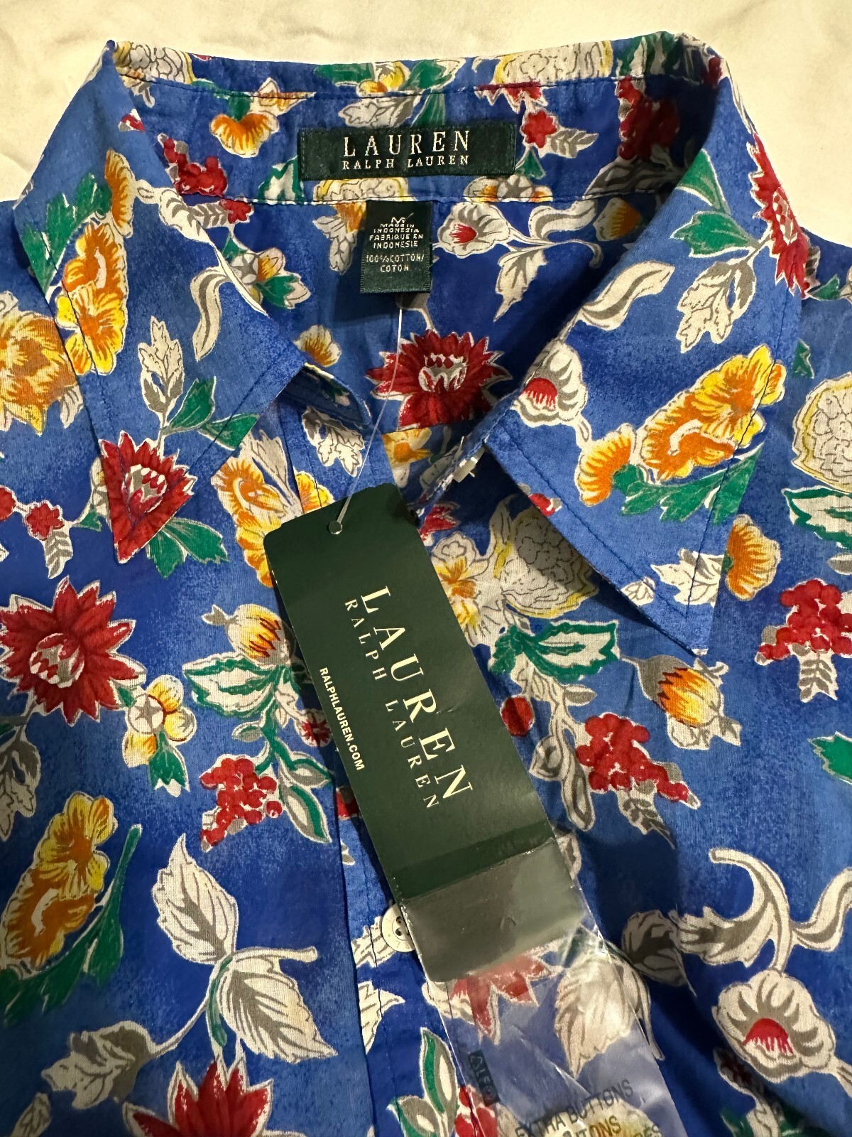 NWT Lauren Ralph Laren 100% Cotton Floral Button up 3/4 sleeve shirt Medium
