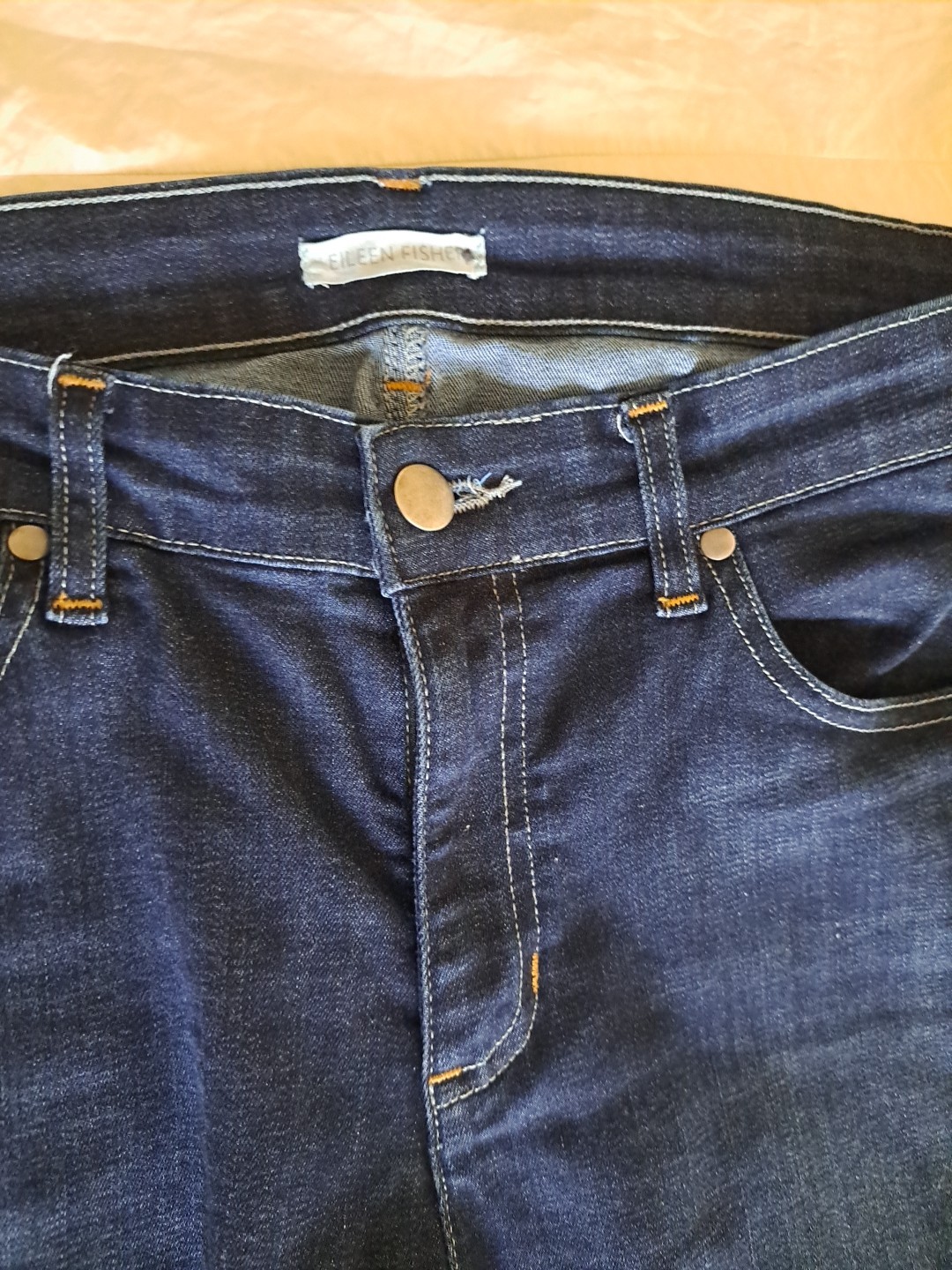 Eileen Fisher Blue Jeans Sz 12 EUC 5 Pkt Tapered Returns Accepted 34×31