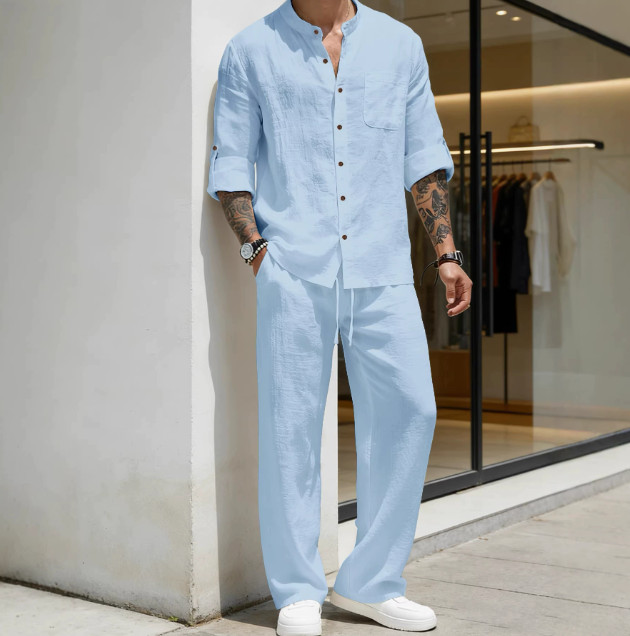 Mens 2-Piece Linen Blend Outfit Set Long Sleeve Henley Shirt and Pants Casual