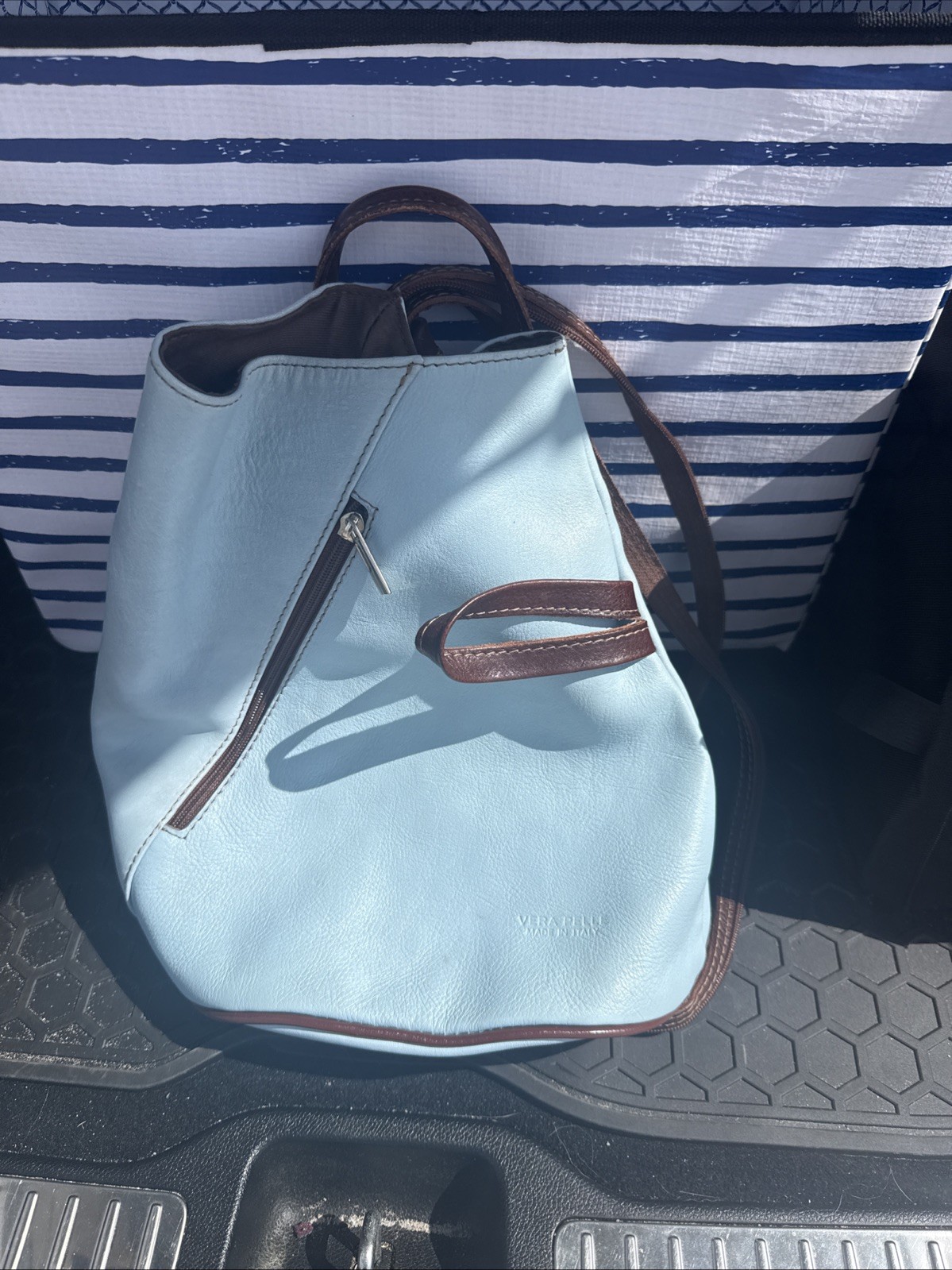 Vera Pelle Italian Leather Bag Blue And Brown Pre Owned Made In Italy Authentic