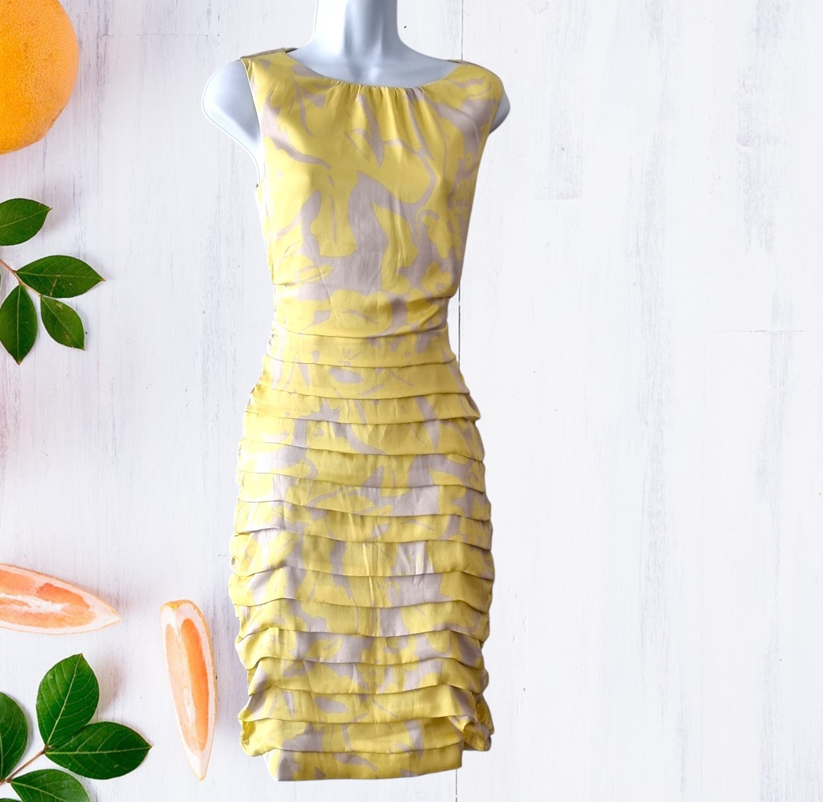 COAST Silk Yellow Grey Layered Ruffle Pencil Dress UK 8 Wedding Ascot Race Party