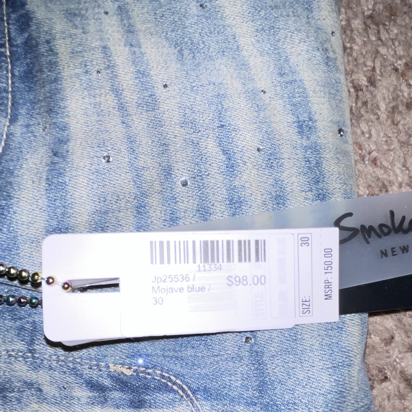 Smoke Rise Men’s Light Wash Blue Rhinestone Logo Stacked Flare Jeans