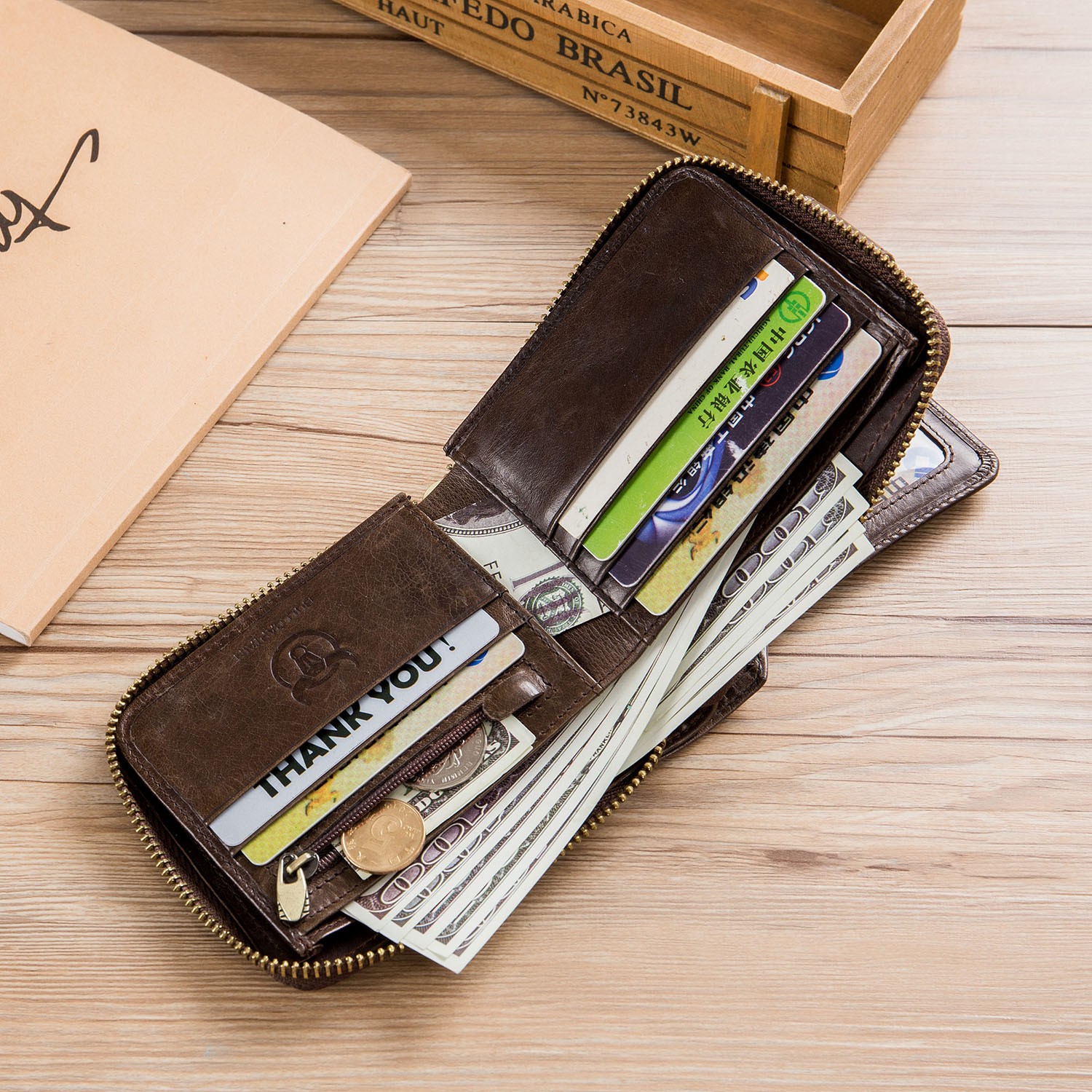 Mens Genuine Leather Bifold Wallet Around Zipper Credit ID RFID Card Holder US