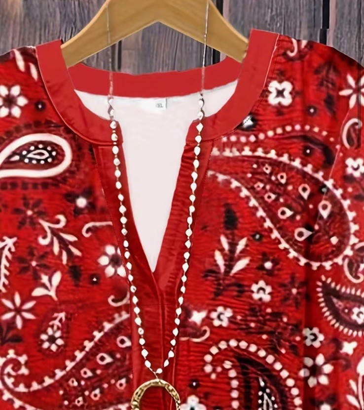2XL Red Paisley Bohemian Tunic Blouse with Ruffle Bell Long Sleeves for Women