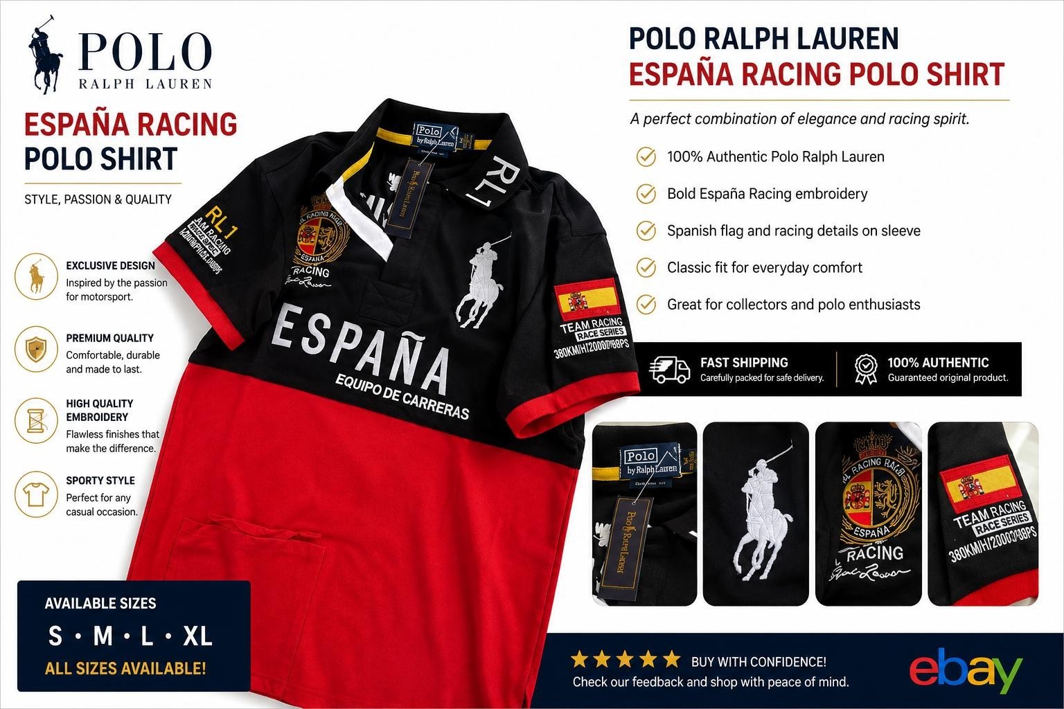 Polo Ralph Lauren RL Racing España Polo Shirt Men’s Black Red Big Pony 3 Spain