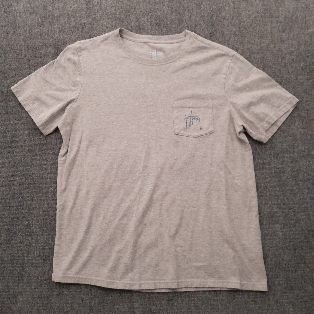 Guy Harvey T Shirt Mens L Gray Pocket Marlin Flag American Classic Fishing Art