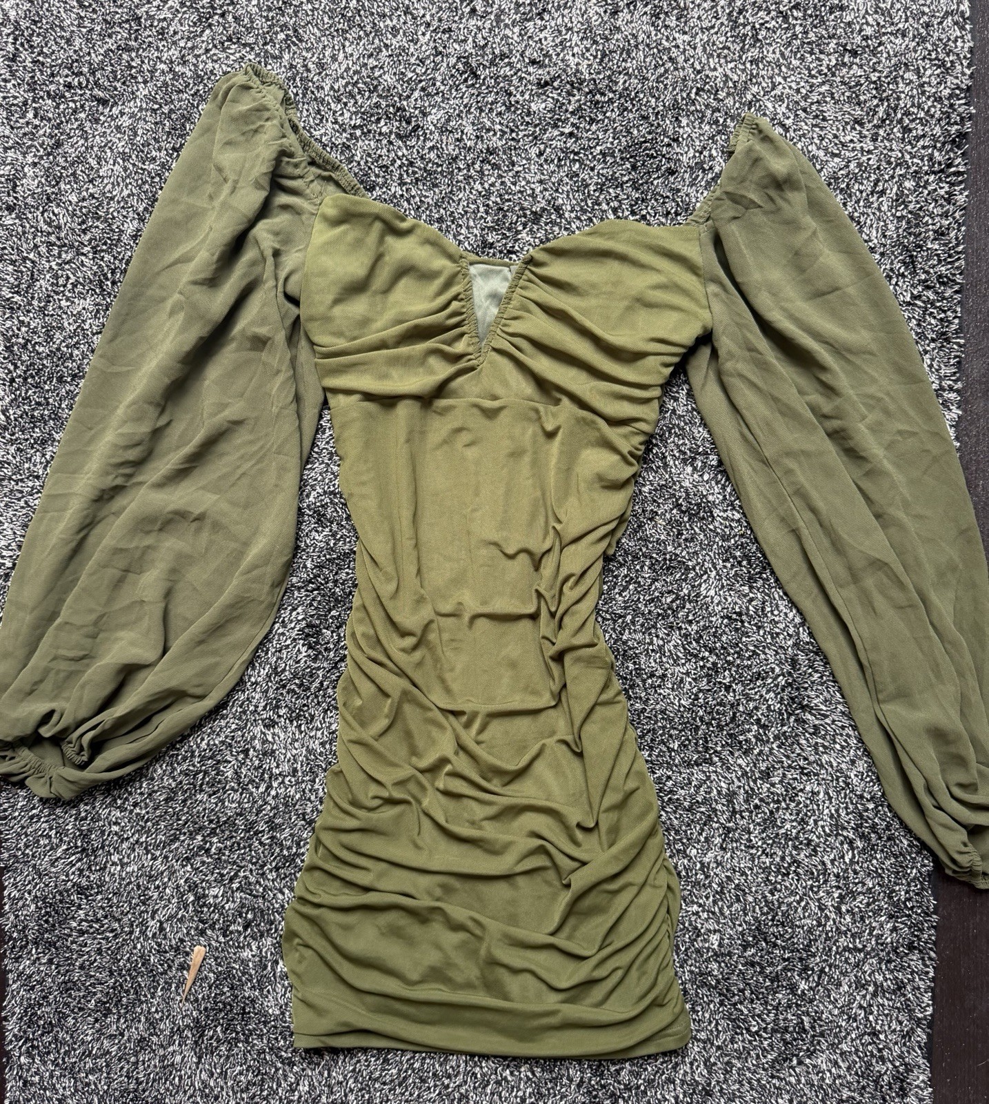 Green Ruched Mesh Sweetheart Bodycon Mini Dress Long Balloon Sleeve Size S