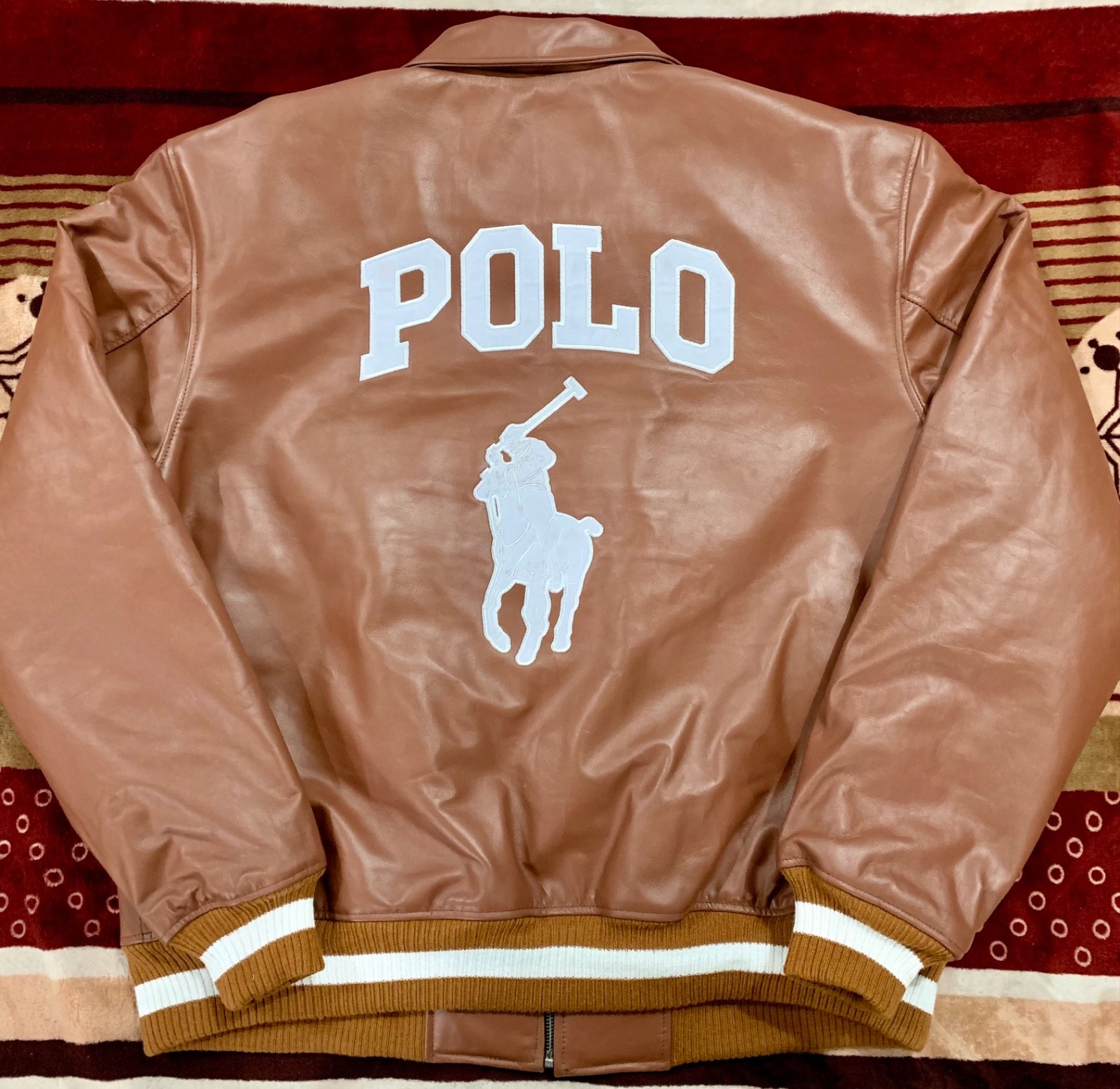 Men’s Brown Leather Bomber Jacket Zip Up Rib Knit Casual Coat.