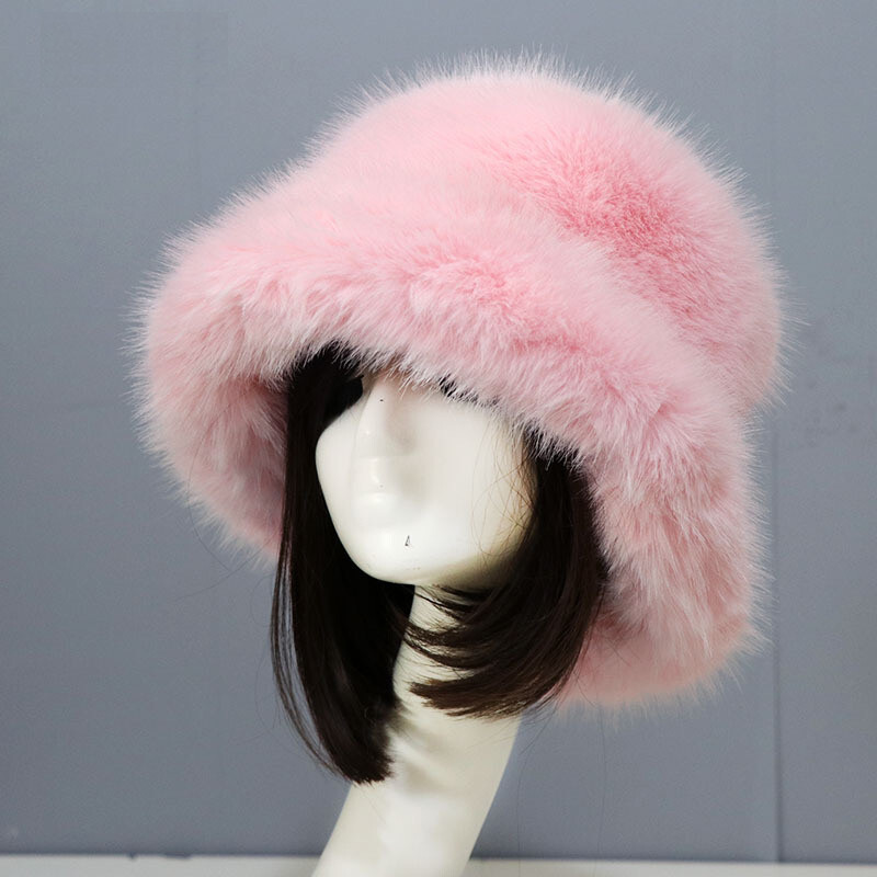Women’s Fuzzy Bucket Hat Winter Fluffy Furry Plush Faux Fur Hats Fisherman Cap