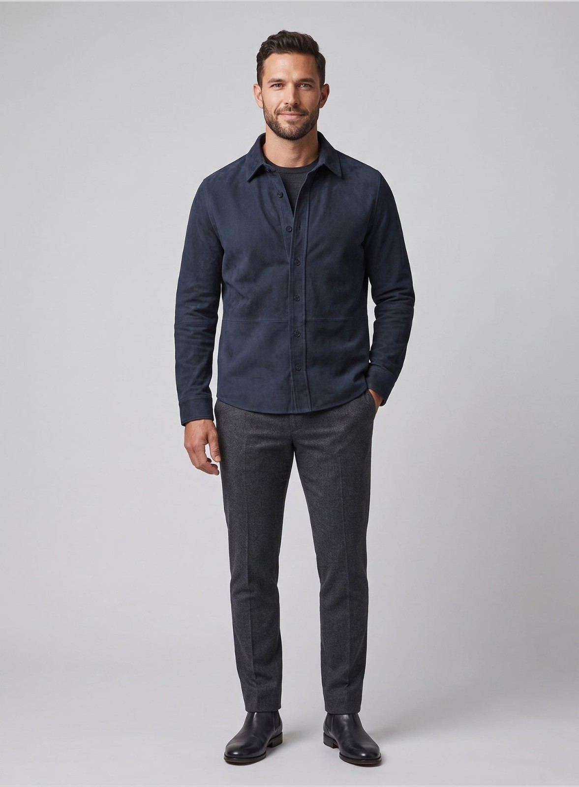 Mens Dark Blue Suede Leather Shirt Jacket Casual Shacket Slim Fit Overshirt New
