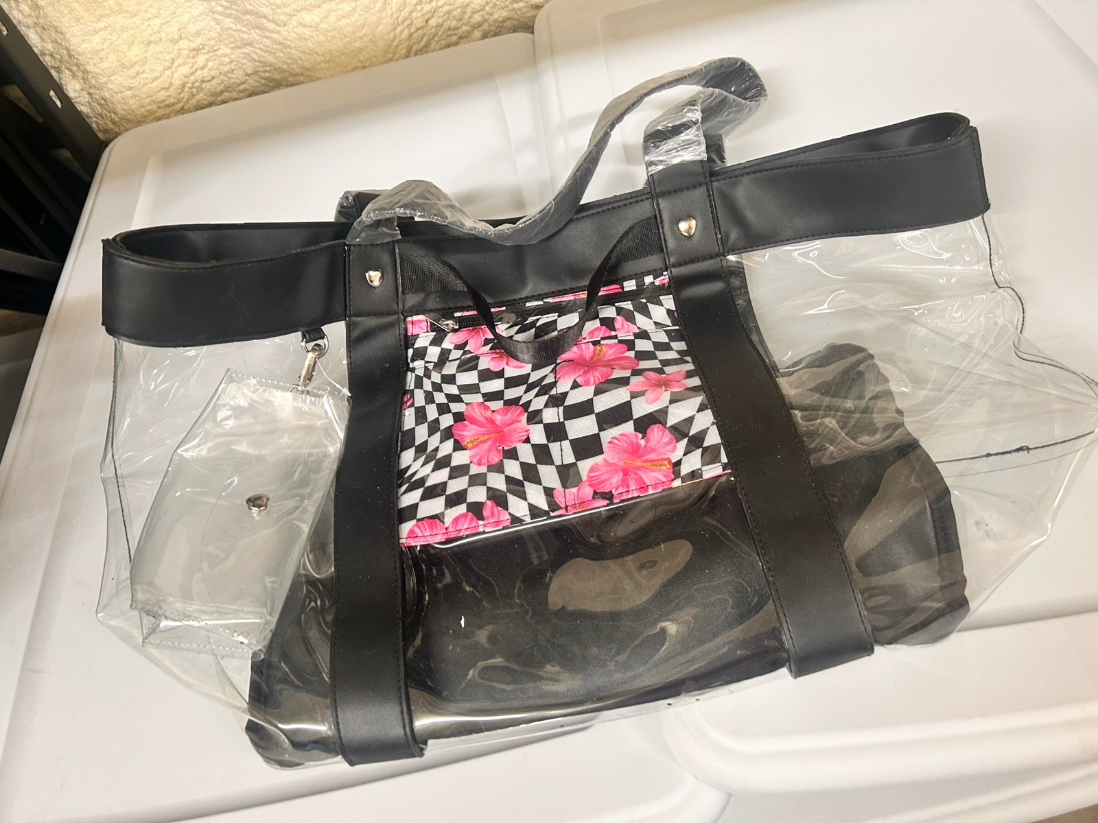 No Boundaries Clear Tote with Black Trim and Pink FloralChecker print