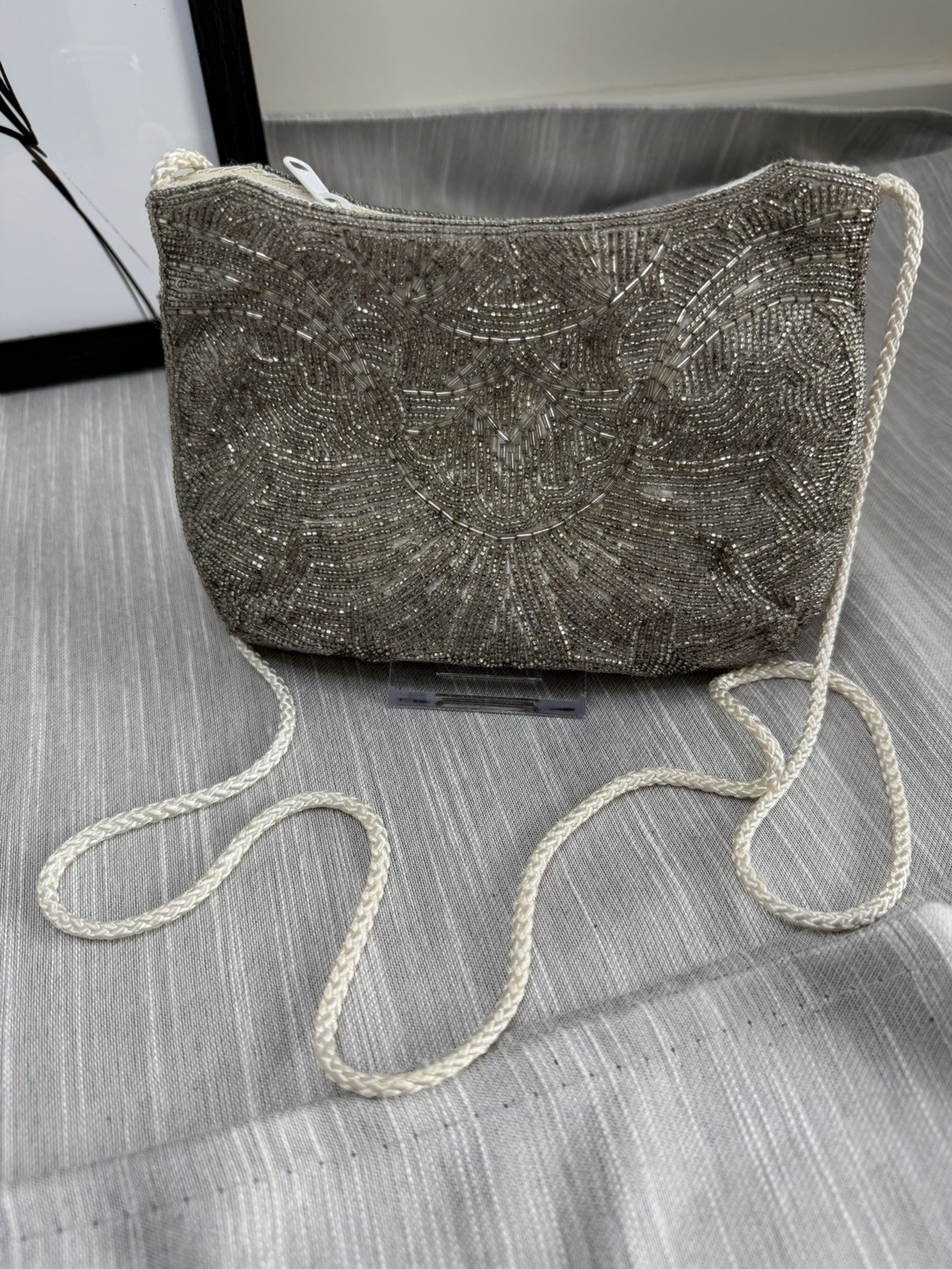 Vintage Bechamel Beaded Silver Small Bag Prom Formal 7”W 5”T