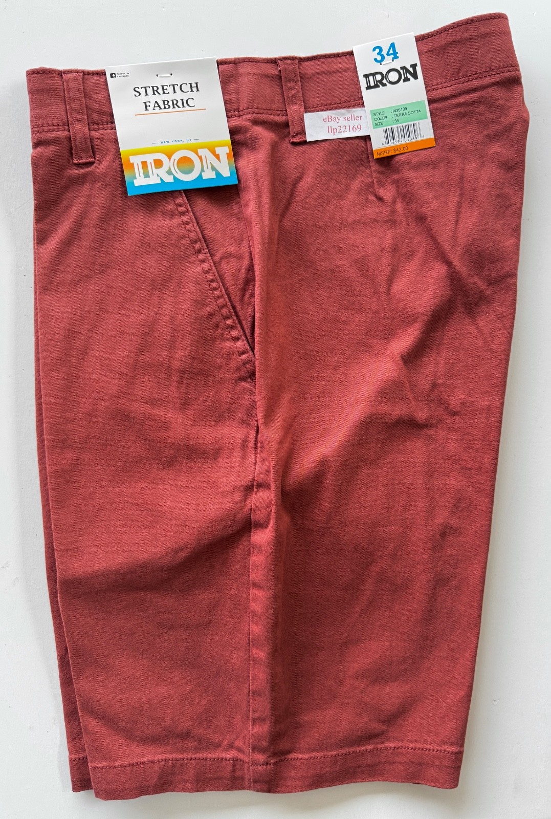 IRON CO Men’s Stretch Shorts (SIZE 34) Flex Waist Flat Front TERRACOTTA New Tag!