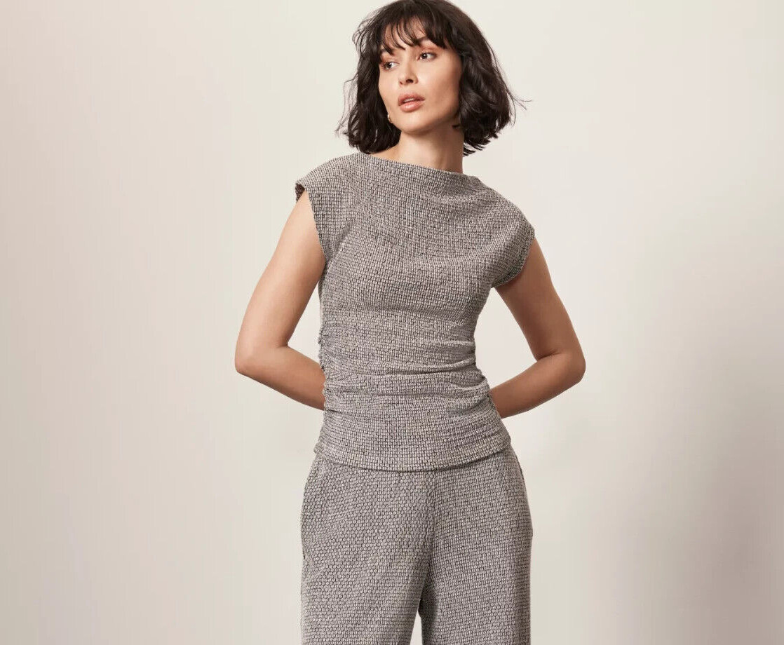 Mint Velvet Textured Cotton Blend Top Size M Natural Grey