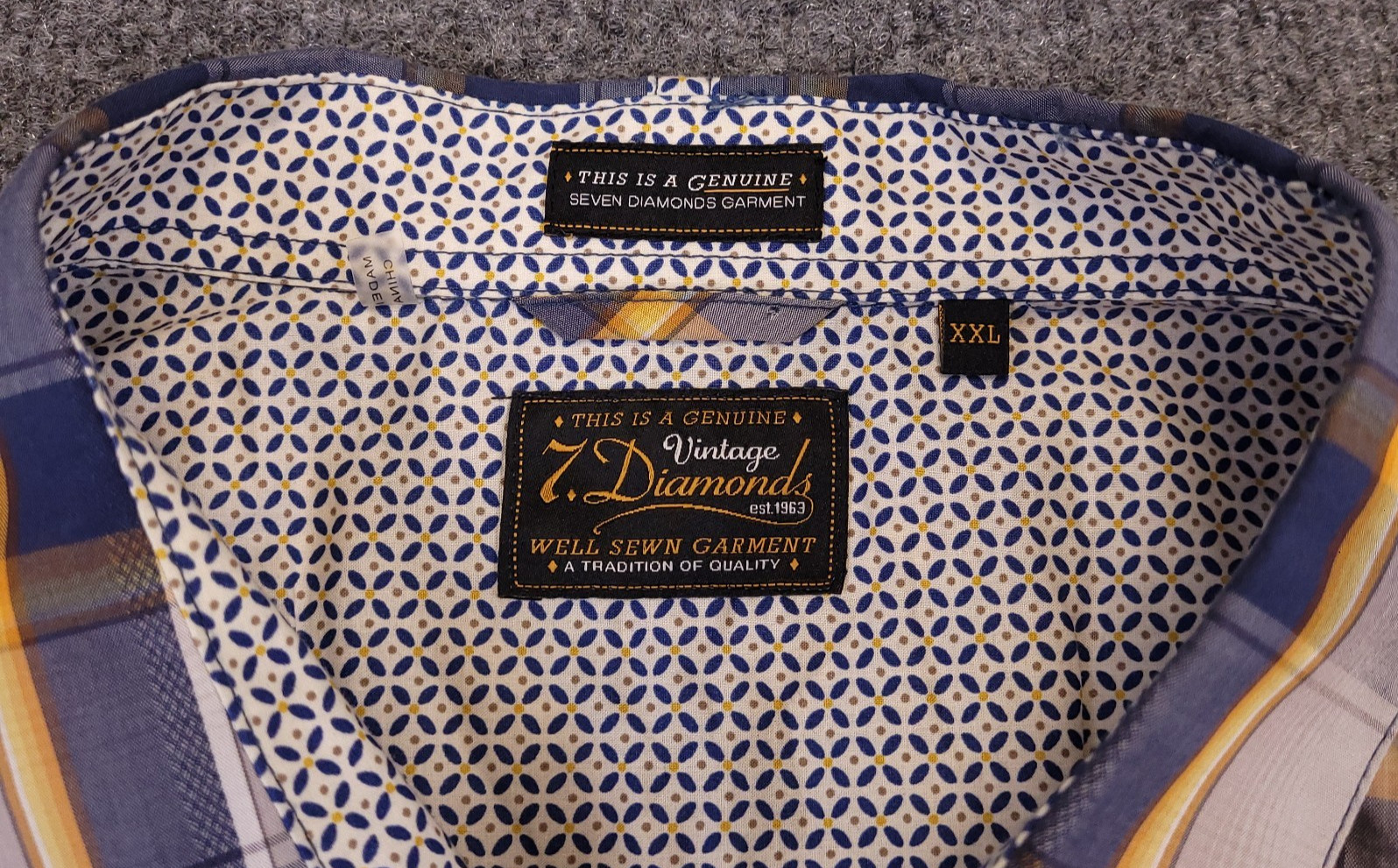 7D 7 Diamonds Mens 2XL Shirt Plaid Cotton Short Sleeve Trim Contrast Spread