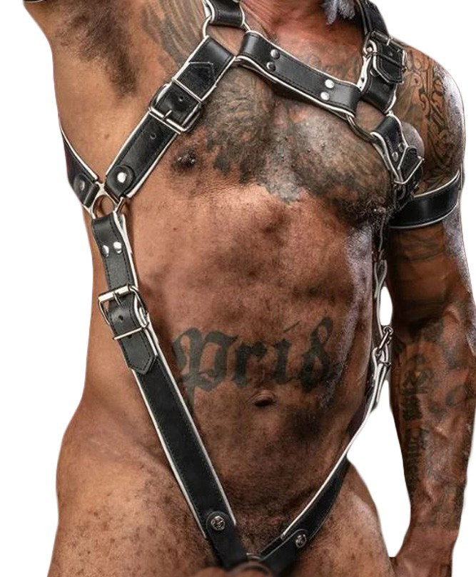 Men Leather Chest Harness Body Armor Buckle Adjustable Strap Ring White Costume