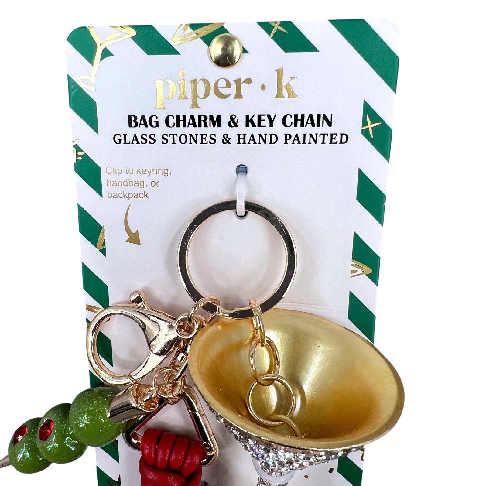 Piper K Martini Glass Olive Bag Charm Keychain Rhinestone Cocktail Tassel NWT