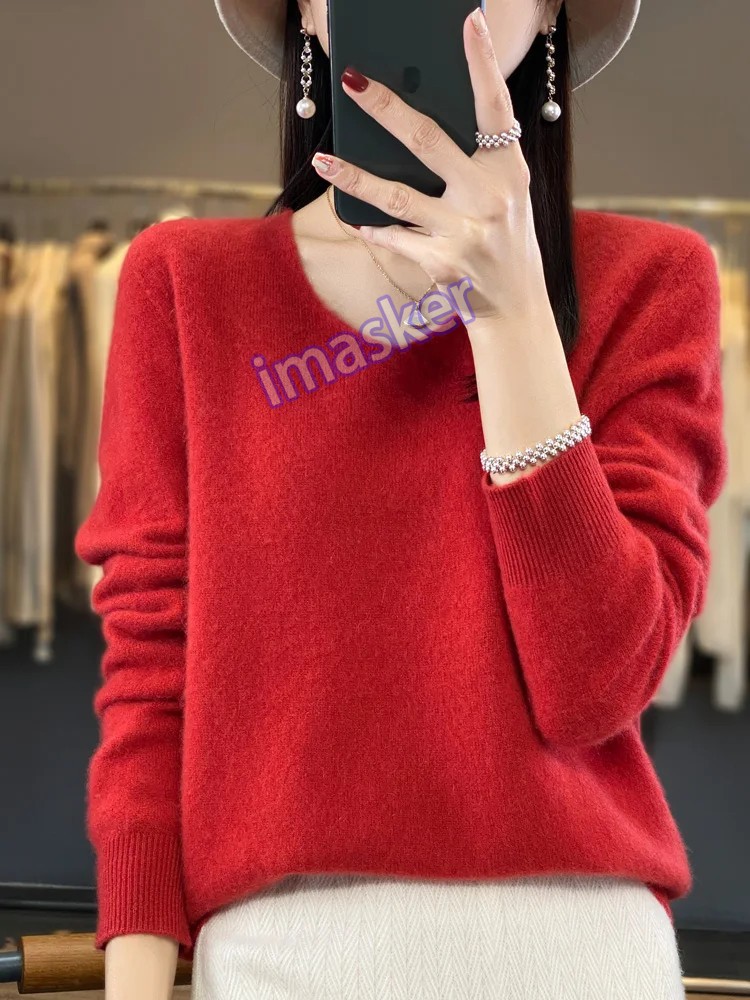 Women’s V-neck Pullover Sweater Knitwear Soft Warm Cashmere Loose Grace Style