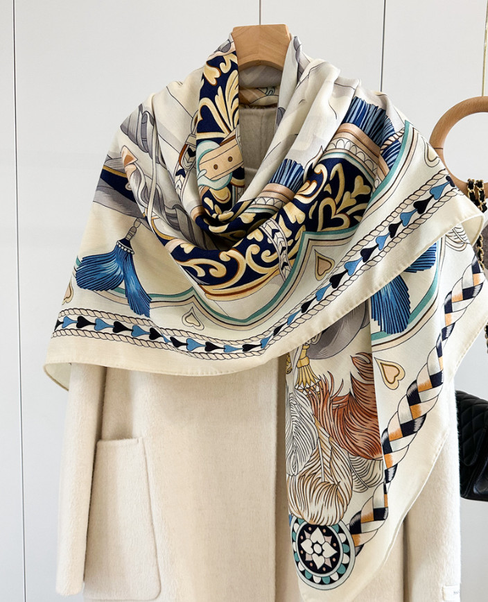 70% Cashmere 30% Silk Wrap Scarf harness Print Double Face Print Shawl 53” new
