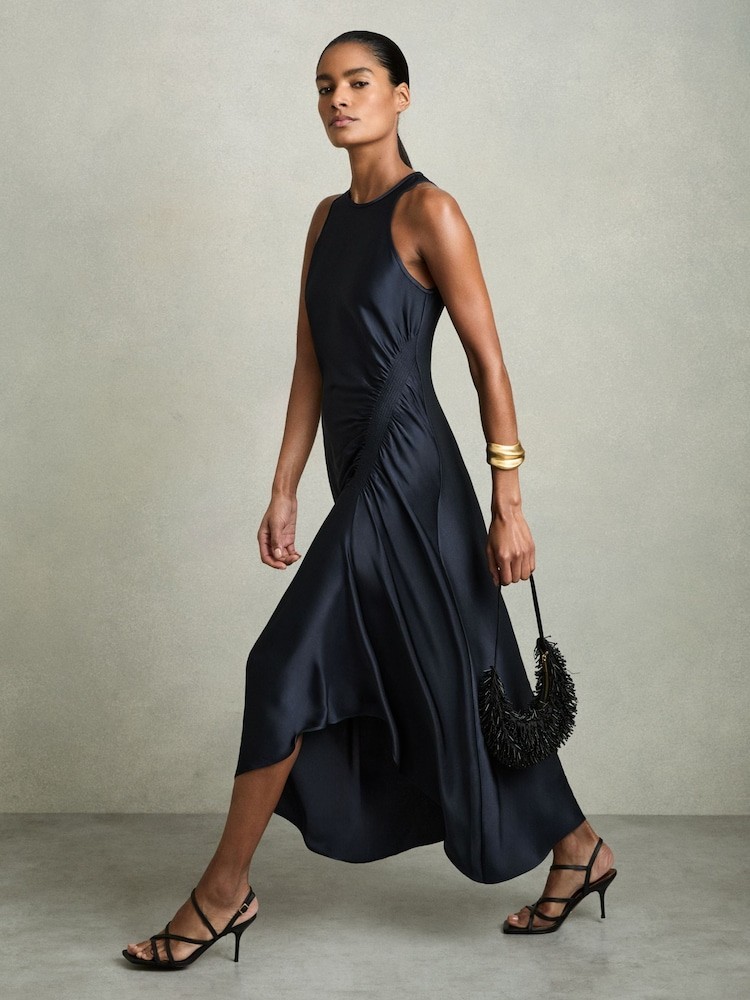 REISS Anessa Satin Shirred Midi Dress Navy UK Size 14