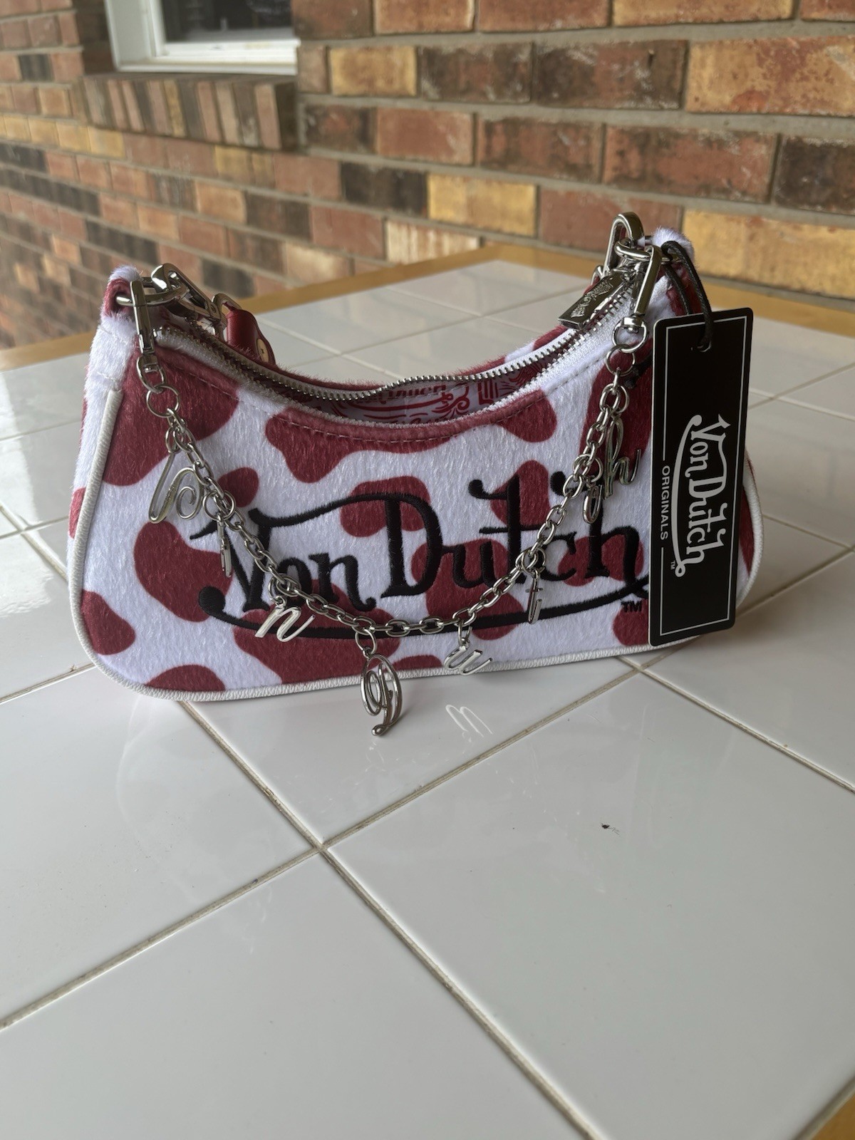 Von Dutch Small Cow Print Shoulder Bag Zip Closure Chain Strap Charm Pockets