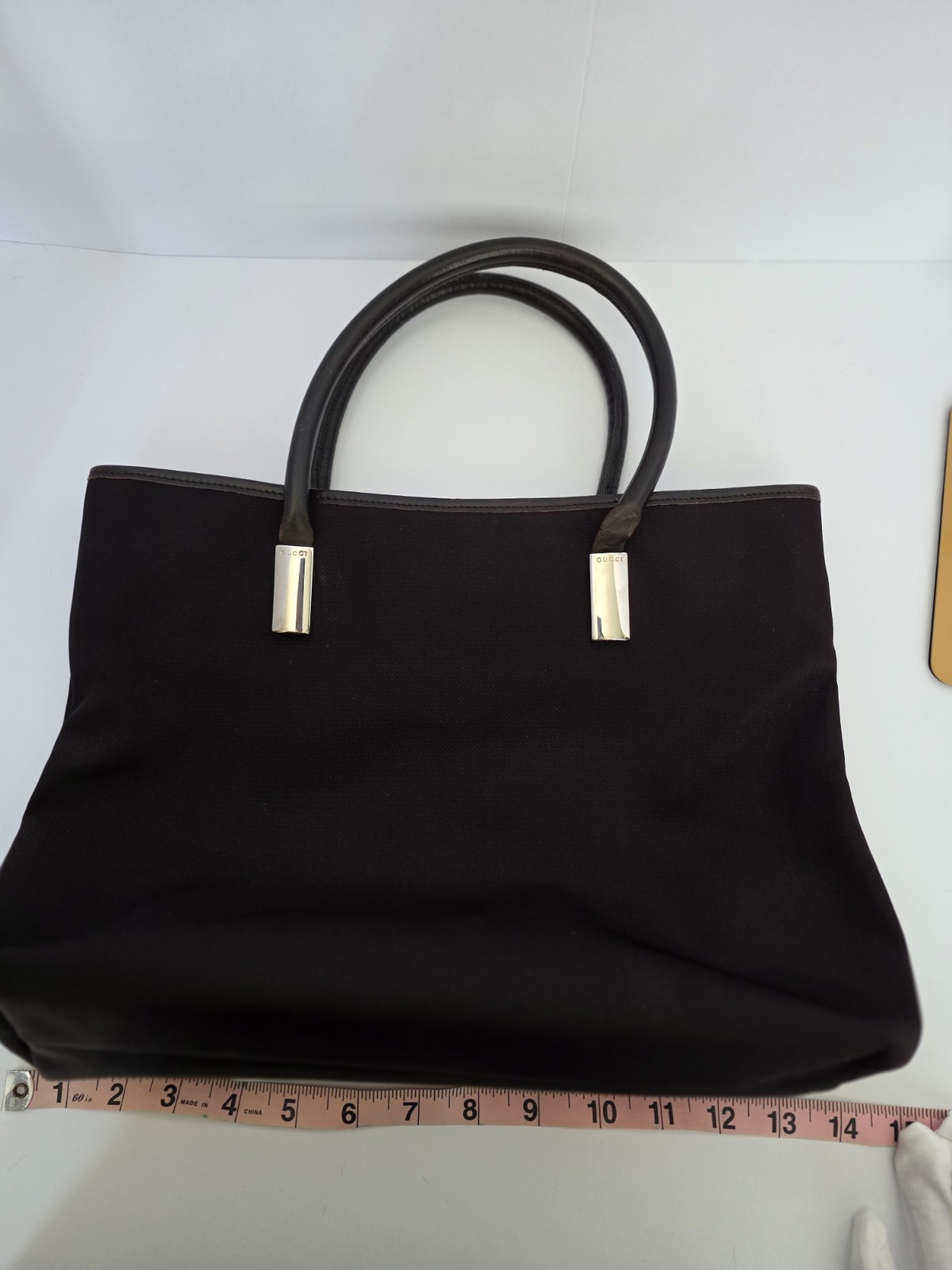 GUCCI Brown Nylon Leather Trim Tote Bag Logo Vintage 0457