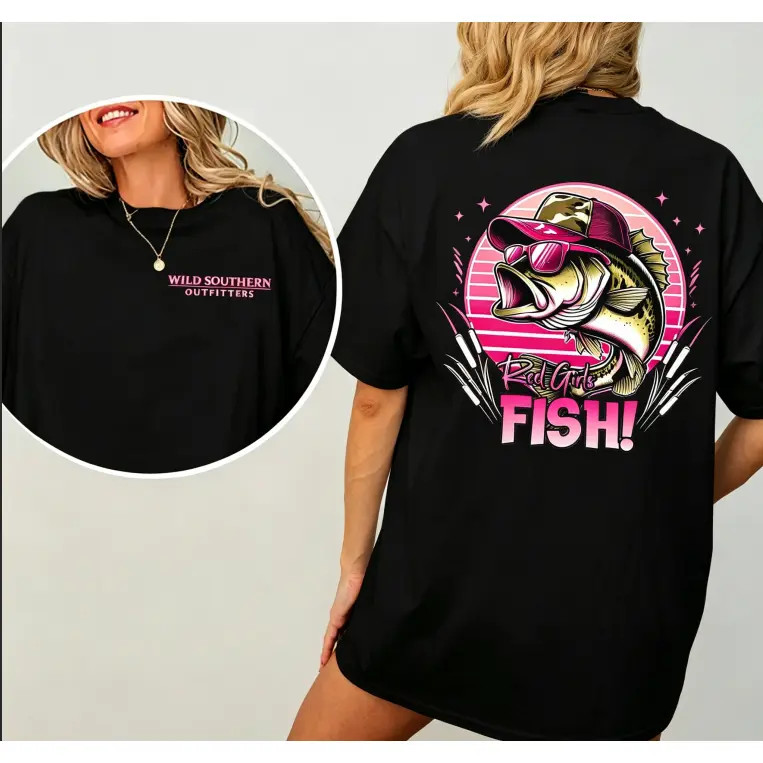Reel Girls Fish Pink Shades Fishing T-Shirt Funny Womens Graphic Tee Gift