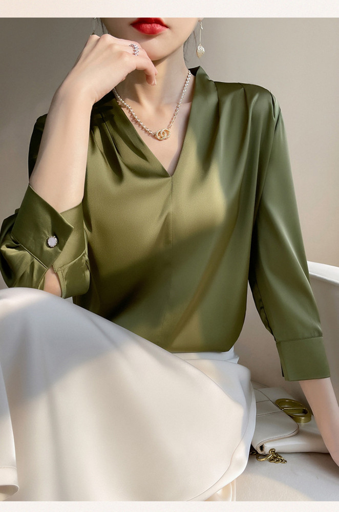 HOT Mulberry Silk Long-sleeved Shirt Women’s Morning Satin Chiffon V-neck Top