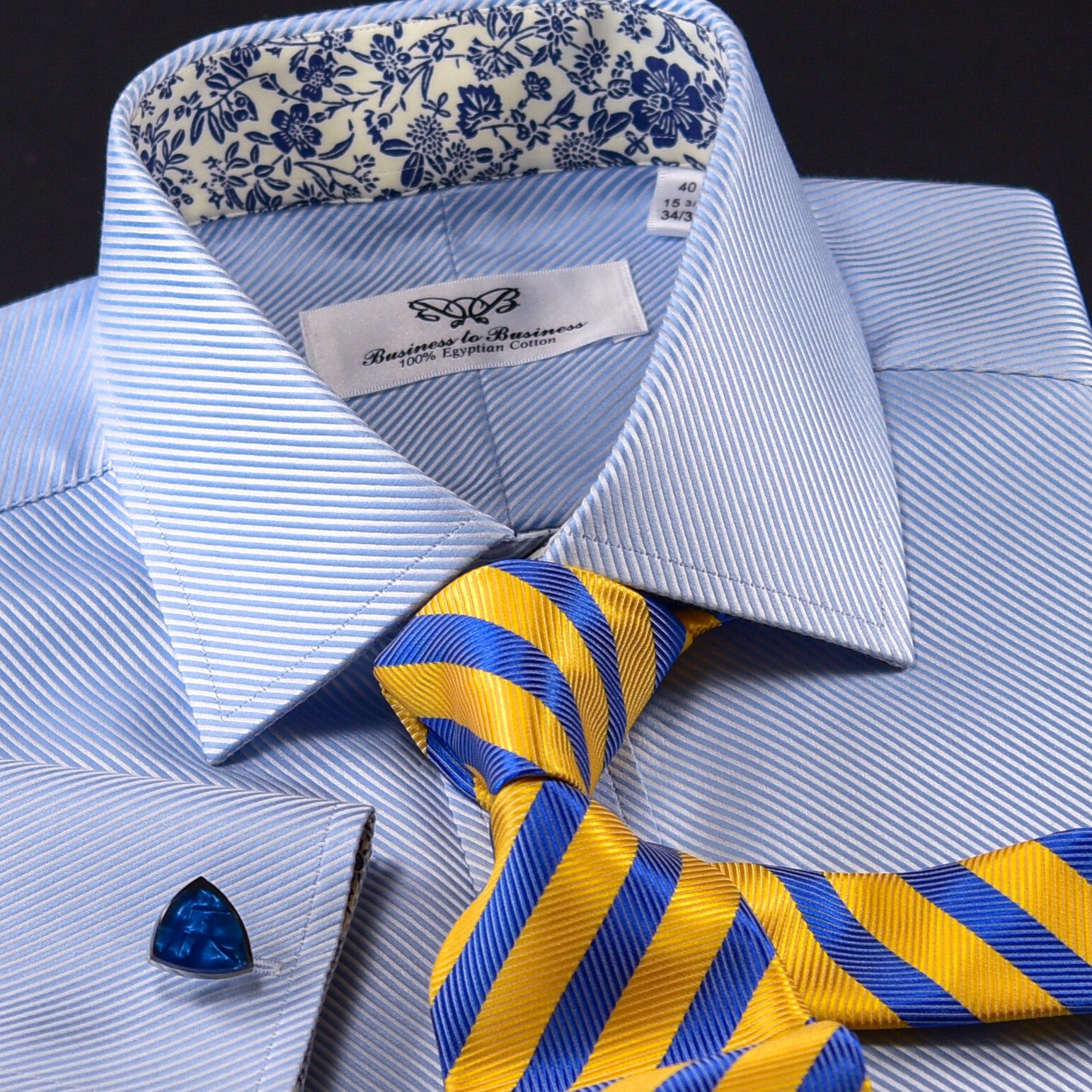 Elegant Blue Twill Double Ply 80’s Fine Wevon Formal Business Shirts Floral Inne