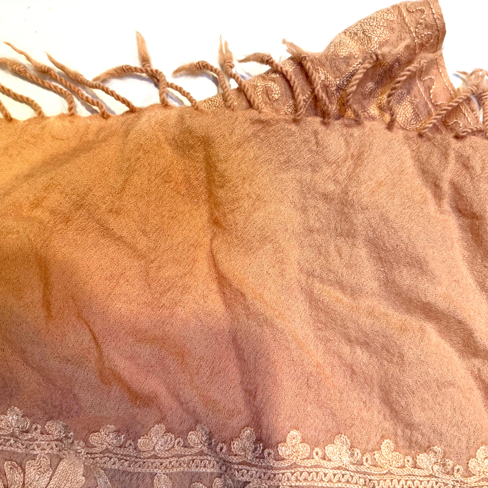Scarf Floral Embroidered Scarf Shawl Wrap Fringed Soft Warm Cashmere Feel. Ochre