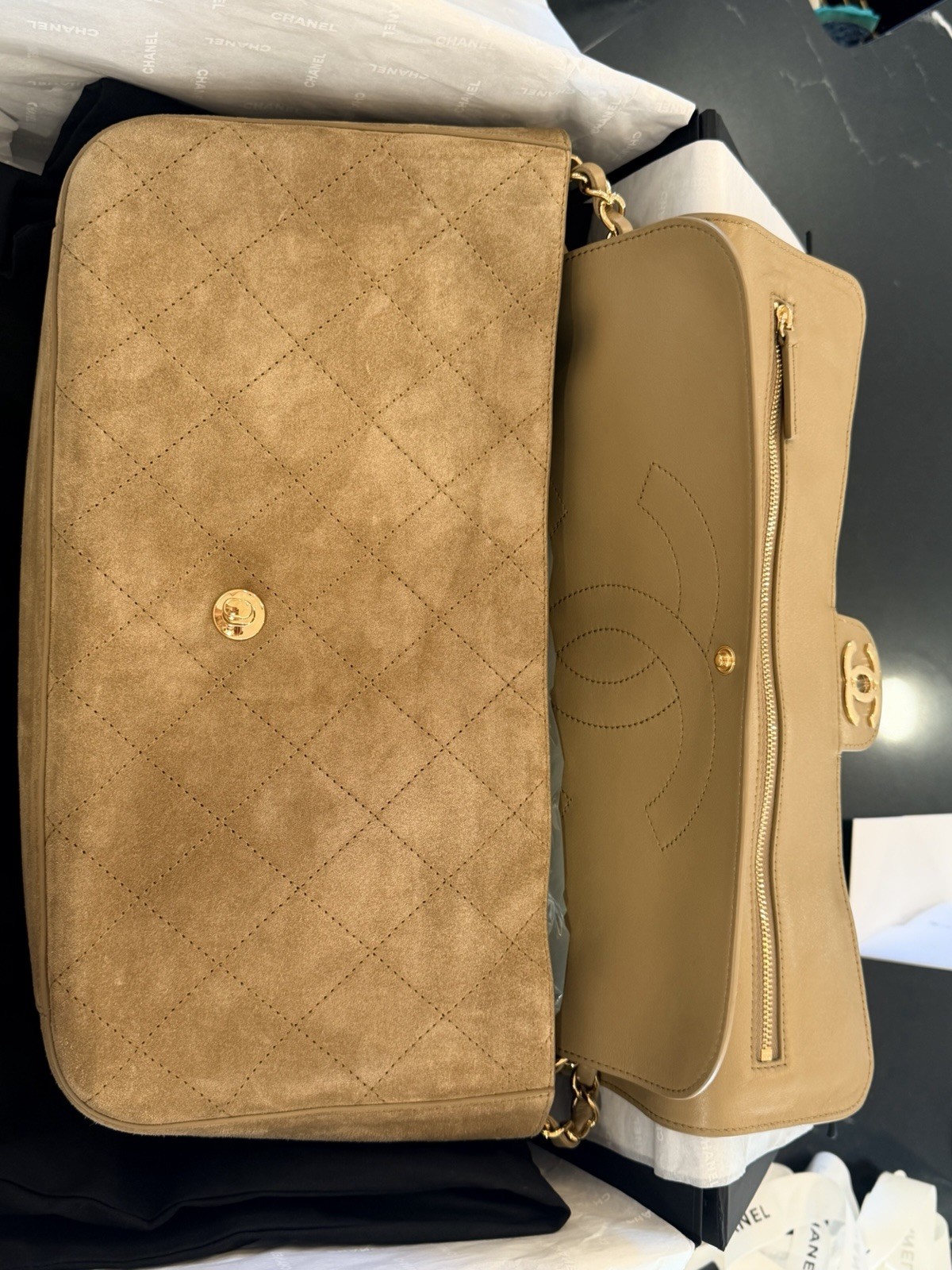 CHANEL Beige Quilted Flap Shoulder Bag Chain Strap Turn Lock Gold HW