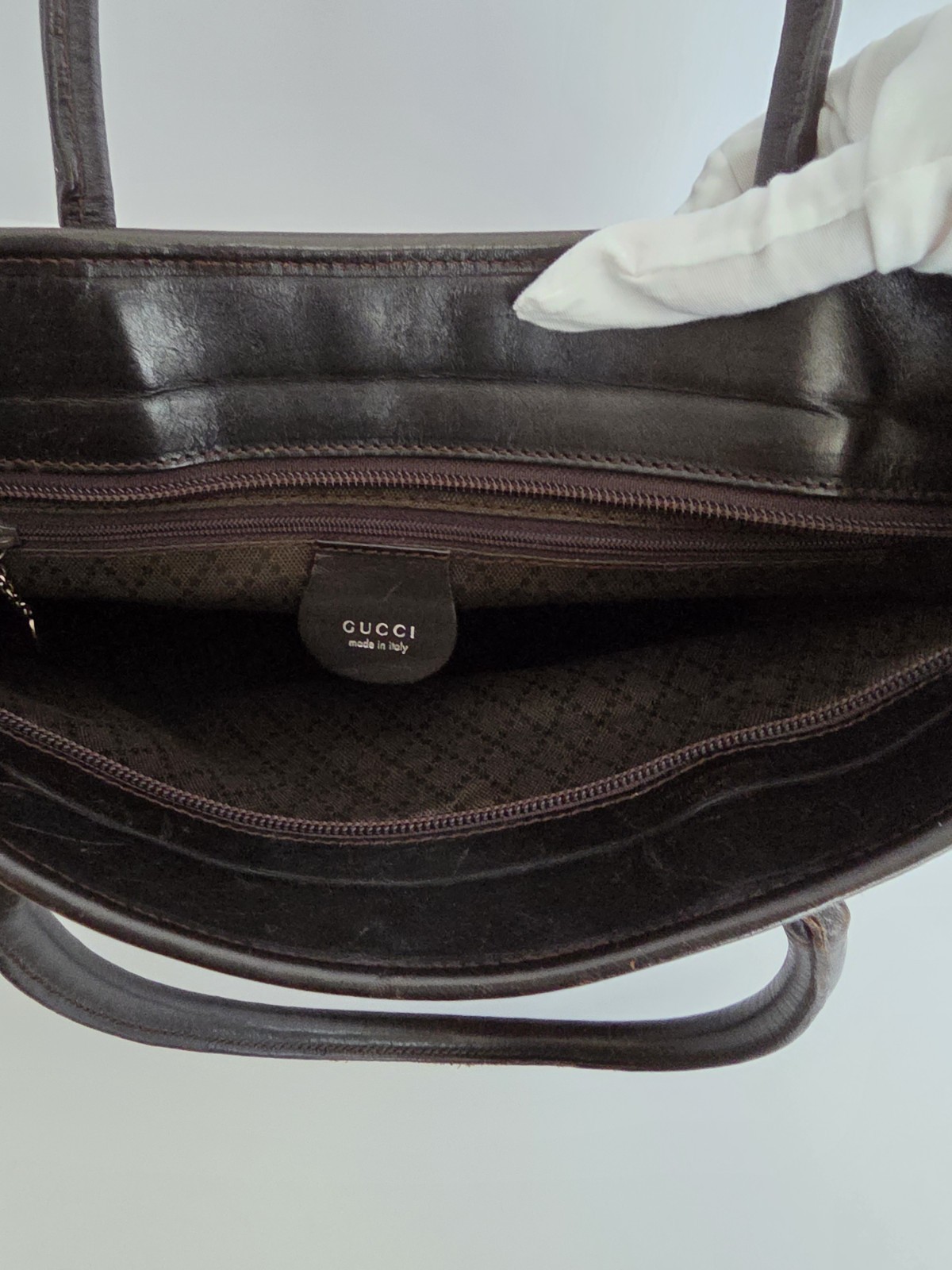 GUCCI Brown Nylon Leather Trim Tote Bag Logo Vintage 0457