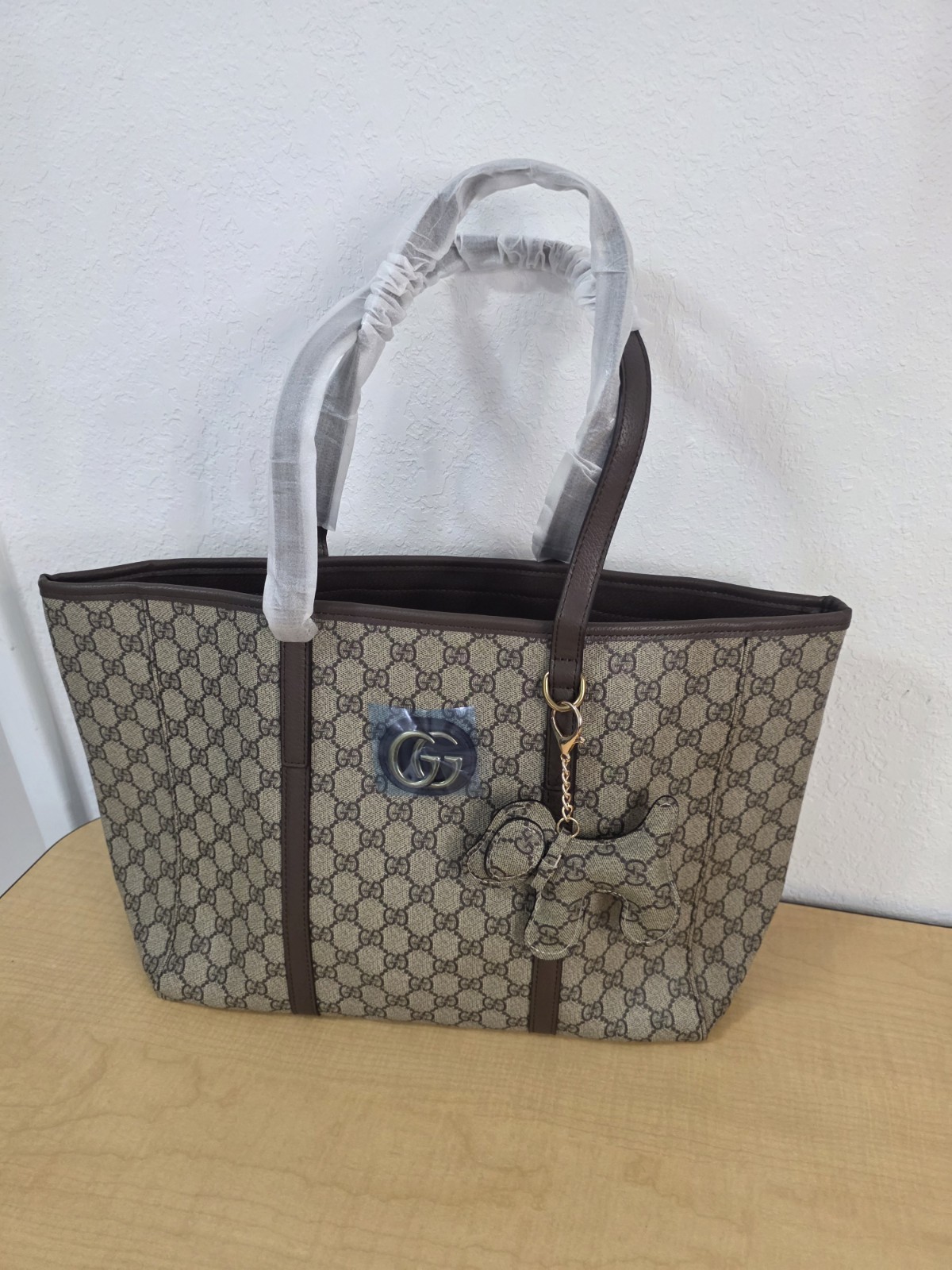 Women’s Tote Shoulder Bag Beige Brown Monogram Pattern with Bow Charm