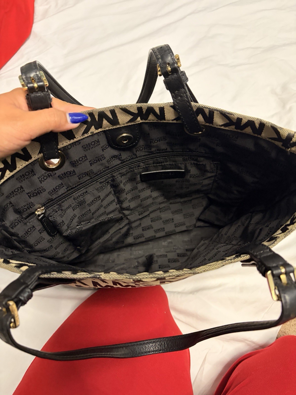 Michael Kors Logo Tote Beige Black, Gold Hardware, Double Handles, Pockets